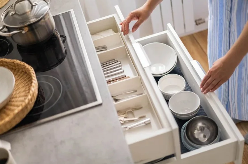 a picture looking down at a cutlery drawer and a drawer with bowls in the kitchen