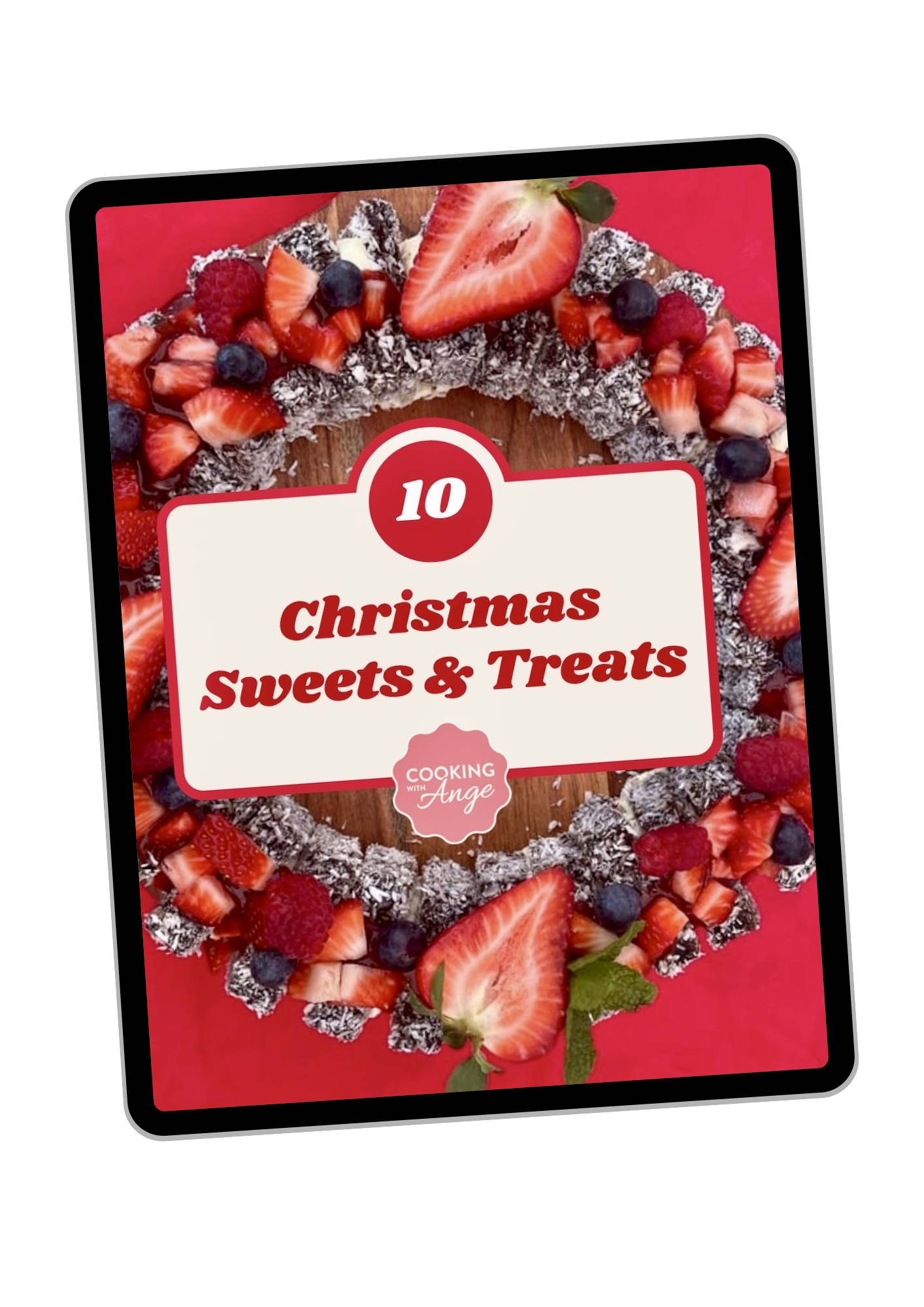 Cover of ebook titled '10 Christmas Sweets & Treats' featuring a berry and chocolate dessert on a red background.