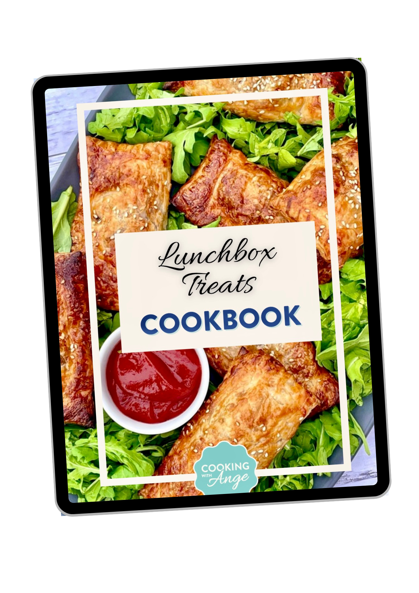 Cover of "Lunchbox Treats Cookbook" showing pastries on a bed of greens with a small bowl of ketchup, part of "Cooking with Ange."