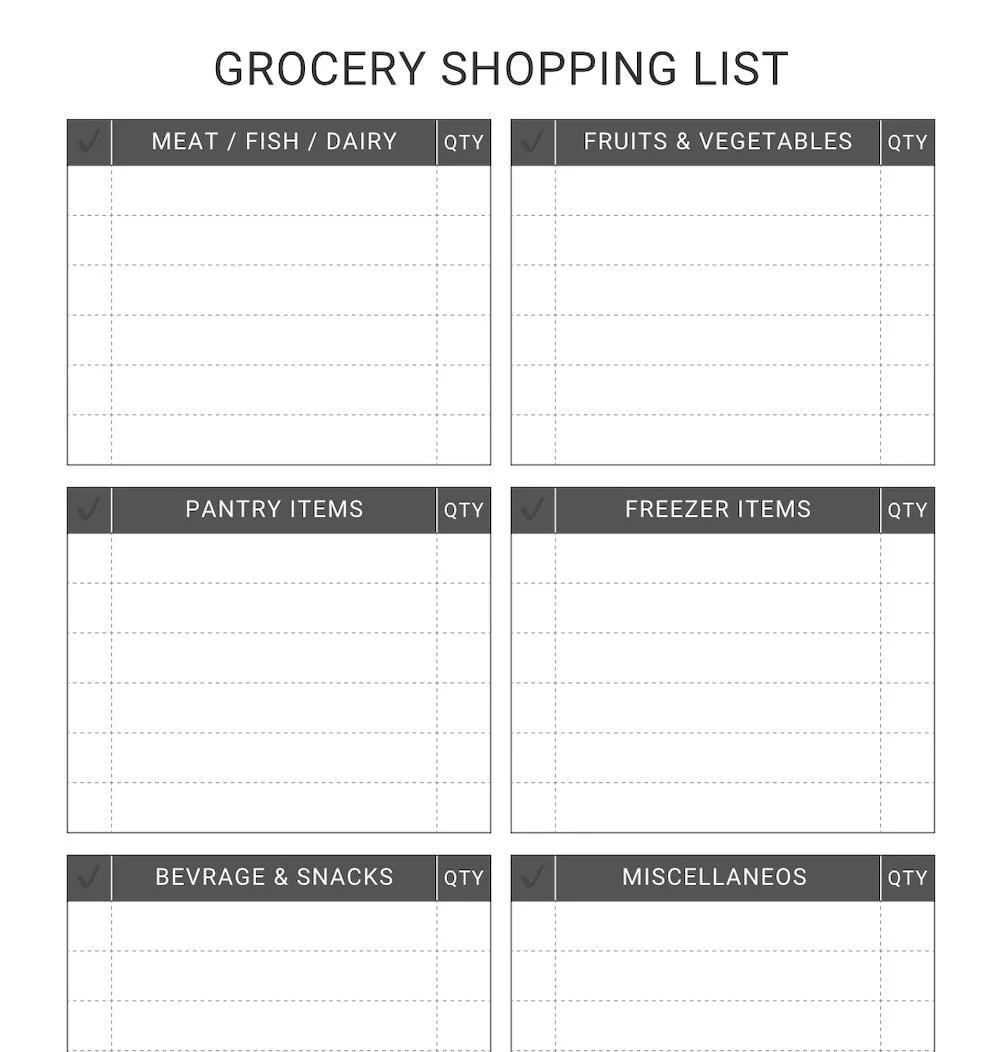 Printable grocery shopping list template with categories for meat, fish, dairy, fruits, vegetables, pantry items, freezer items, beverages, snacks, and miscellaneous, each with quantity columns.