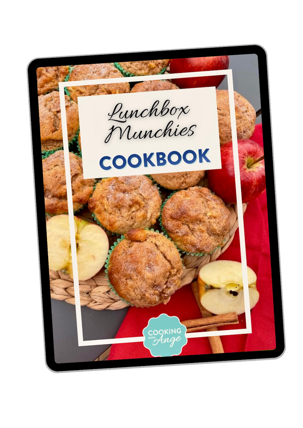 Cookbook cover featuring apple cinnamon muffins and fresh apples titled 'Lunchbox Munchies Cookbook.'