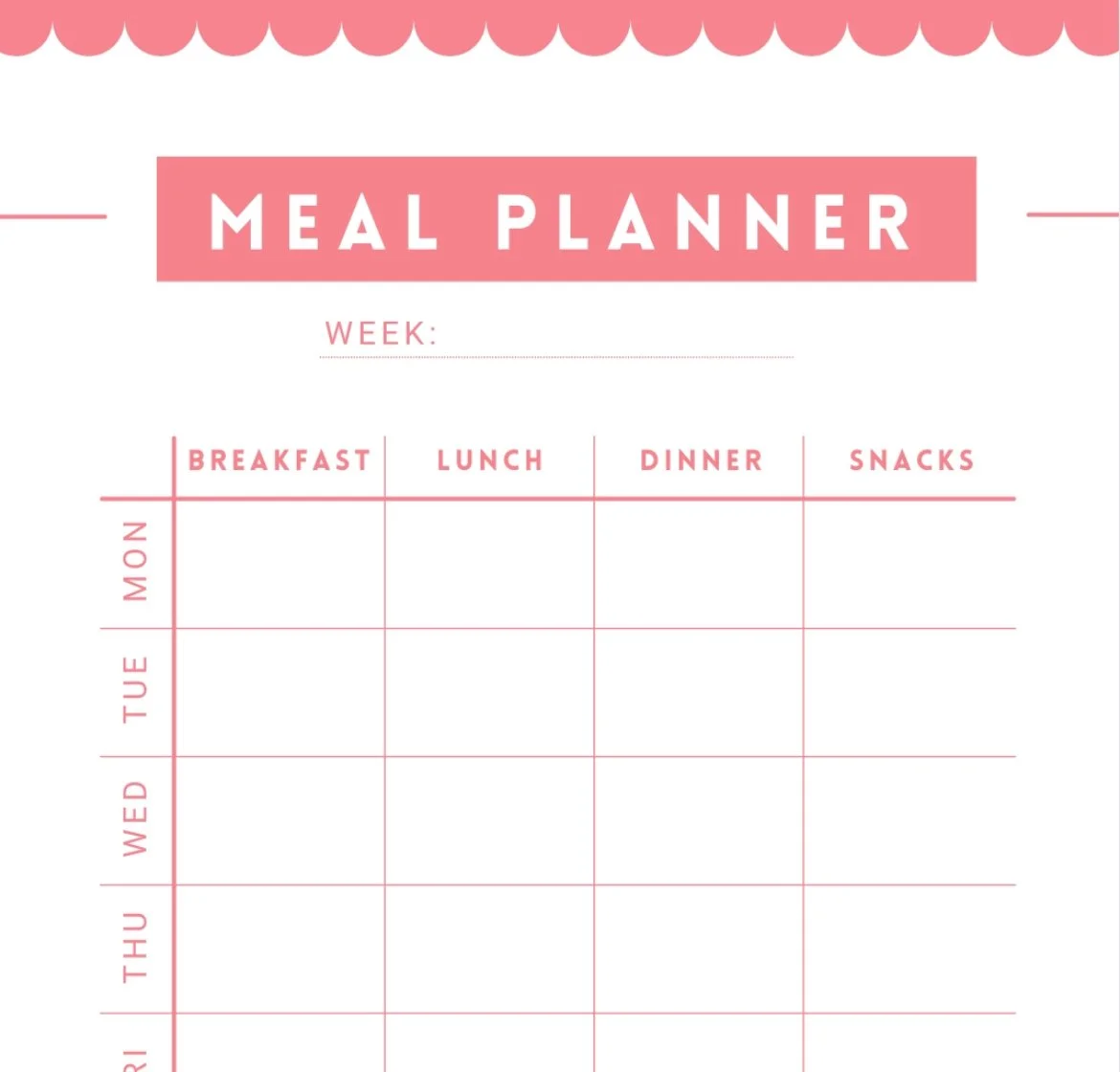 Weekly meal planner template with sections for breakfast, lunch, dinner, and snacks for each day of the week.