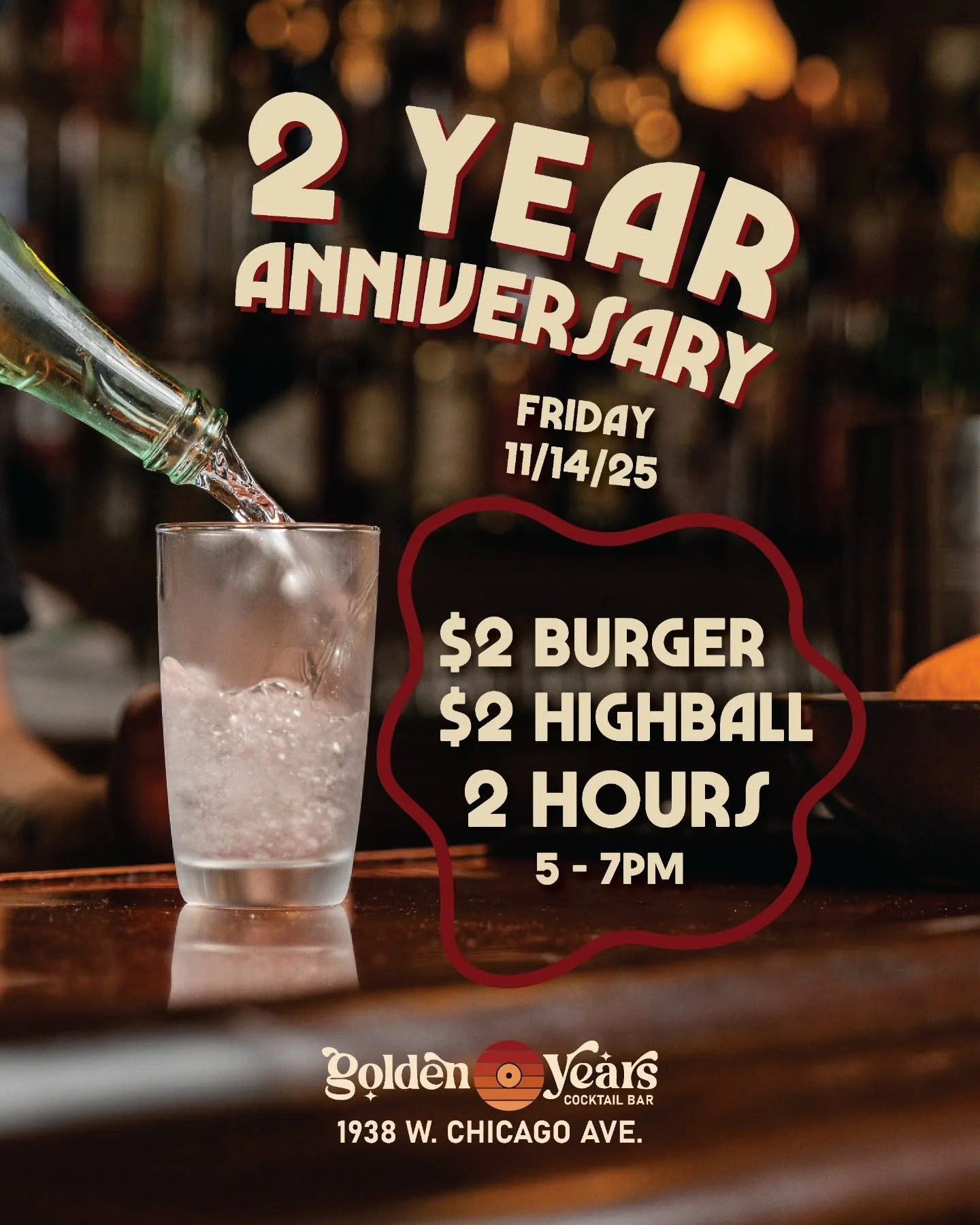 Come celebrate 2 Golden Years with us THIS Friday! As a thank you to West Town and beyond, we're giving you 2 hours of $2 highballs and $2 burgers, plus an ICE LUGE from our friends at @astraltequila. Plus a new frozen shot! Plus maybe some free Pola