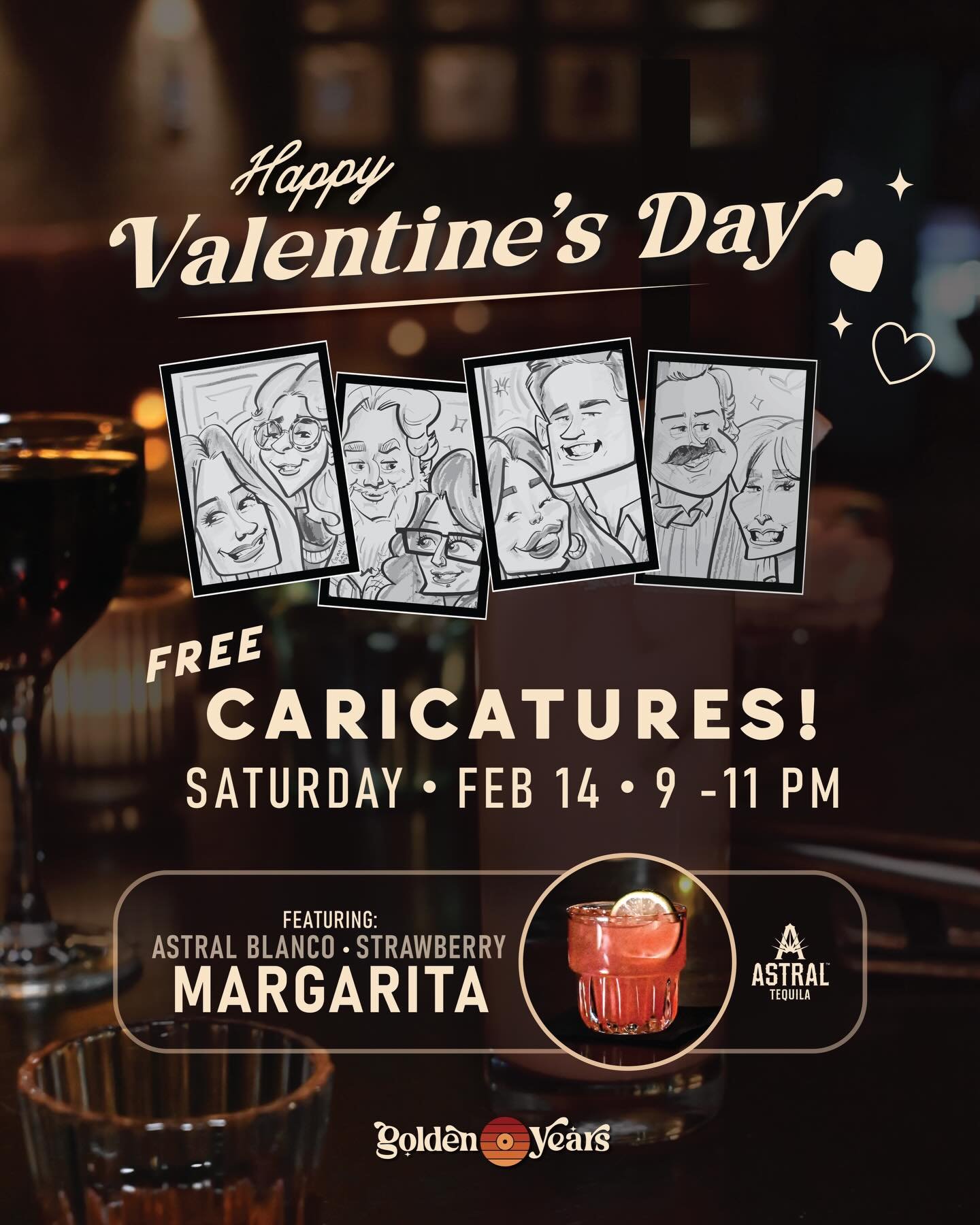 Valentine&rsquo;s Day! 😍

Come by after dinner for FREE caricatures from 9-11. Limited spots available first come, first served!

Before dinner? We&rsquo;ll be serving a V-Day margarita all day  featuring @astraltequila for only $12.

#chicagocockta
