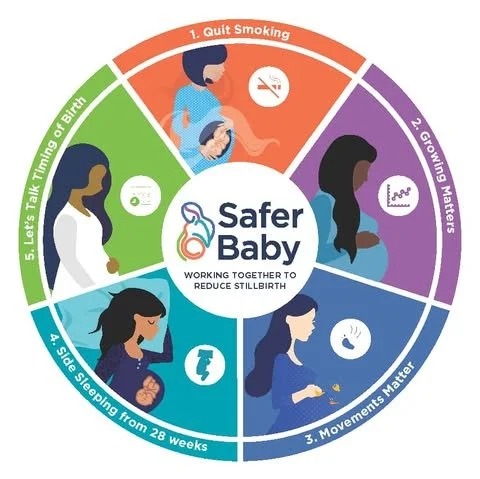 A colorful circular infographic illustrating five steps for safer baby practices. Step 1: Quit Smoking, with a pregnant woman and a no-smoking sign. Step 2: Growing Matters, showing a woman with a growing fetus icon. Step 3: Movements Matter, depicting a woman pregnant and feeling movements. Step 4: Side Sleeping from 28 Weeks, featuring a woman sleeping on her side. Step 5: Let's Talk Timing & Birth, with a woman and a healthcare provider. The center reads 'Safer Baby' with the message 'Working together to reduce stillbirth.'