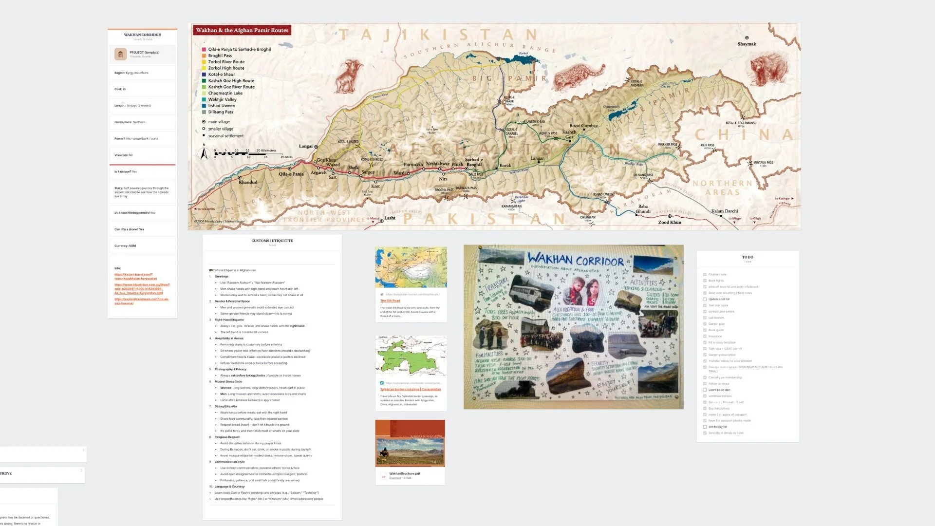 Map of the Wakhans corridor and Afghan Pamir Route with labeled passes, routes, and landmarks in Afghanistan, including the Pamir River, Kashk Goz High Route, and Irshad Uween, with surrounding country borders and geographic features.