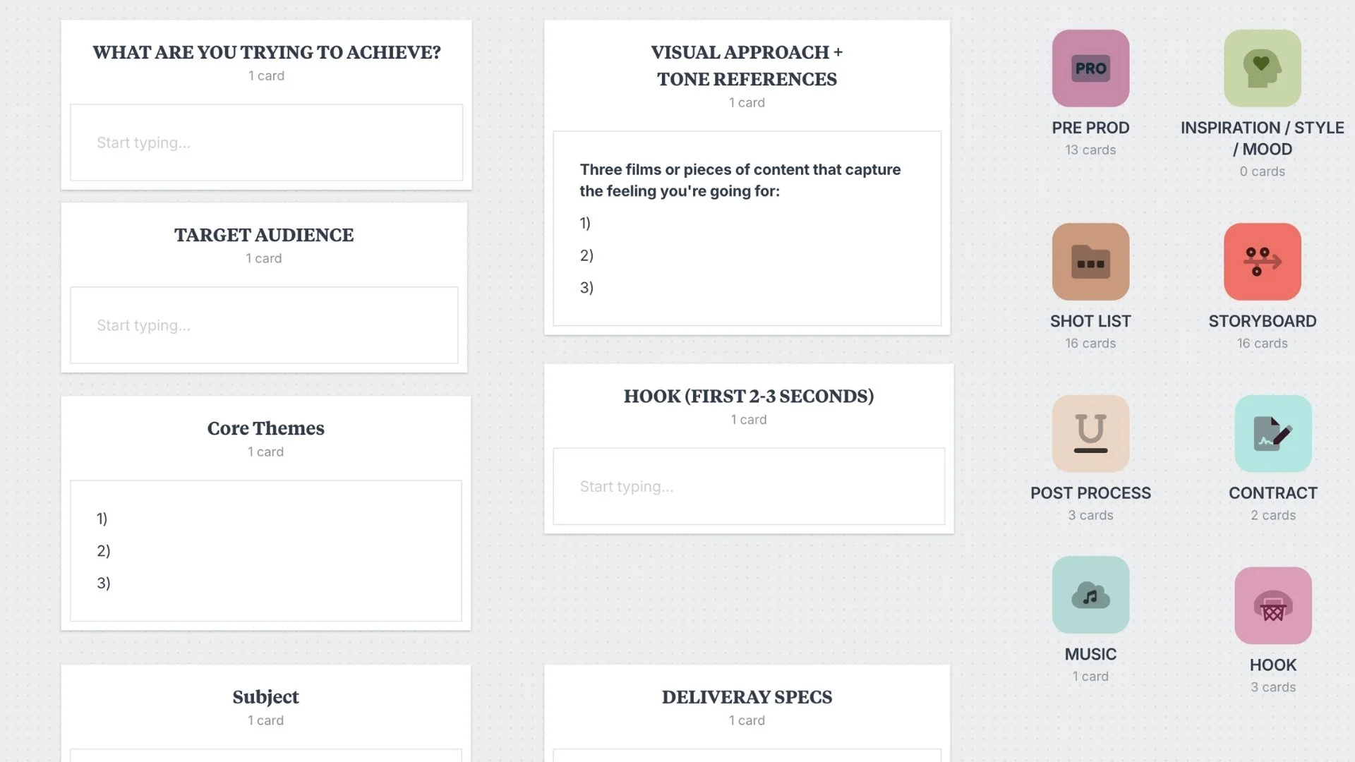 A project management or planning chart with sections for development, production, post-production, and video performance, each containing bullet points or items with icons and labels.