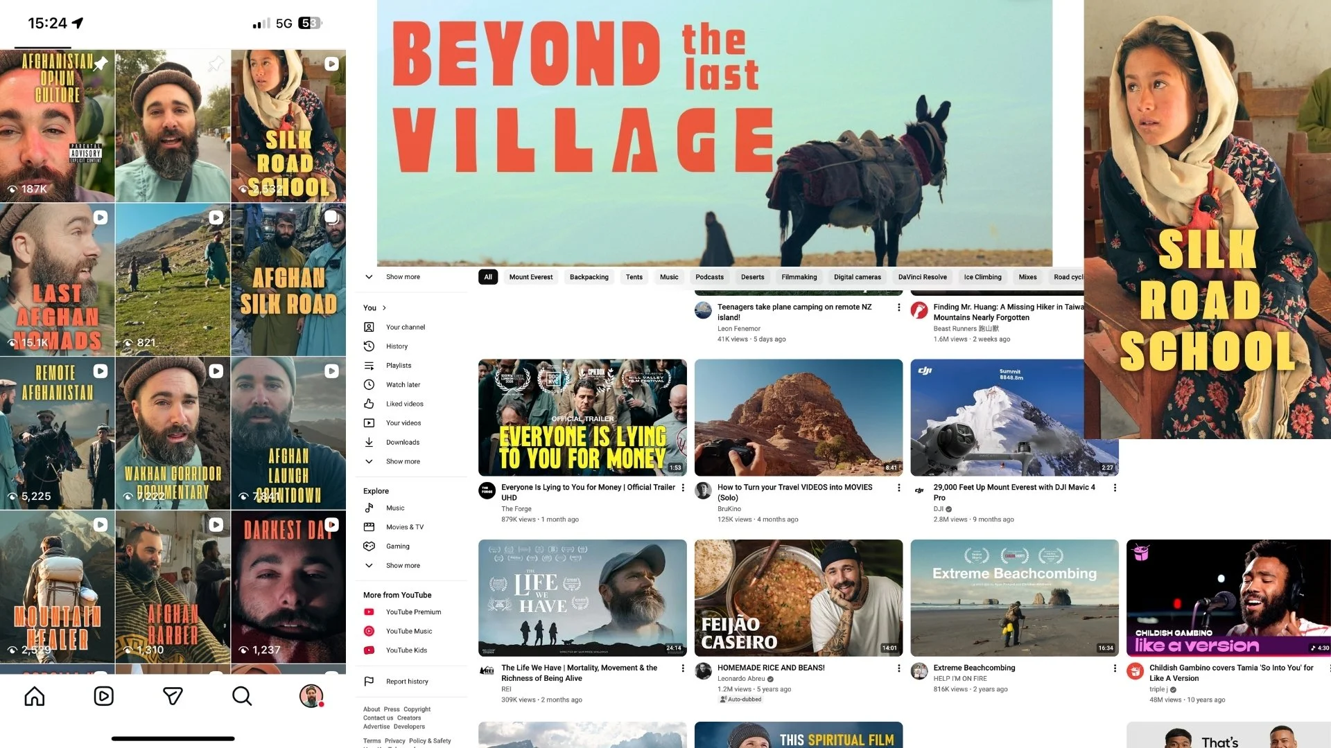 Screenshot of a computer desktop with multiple open windows, including a YouTube homepage with video thumbnails and various folders and files on the desktop.