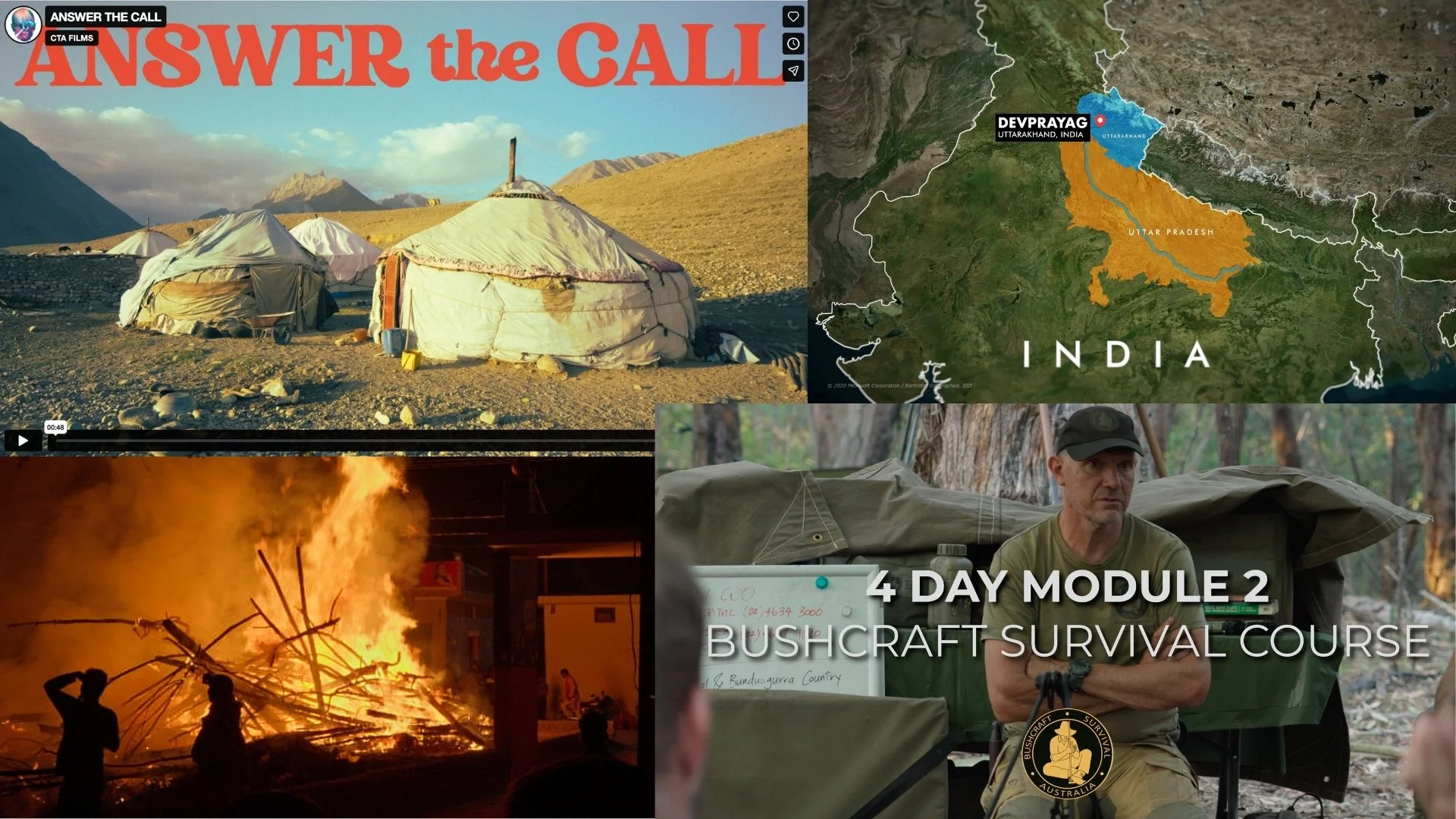 A collage of four images related to a bushcraft survival course. The top left shows traditional yurts in a mountainous desert landscape with a banner saying "ANSWER THE CALL." The top right features a map of India highlighting Dehradun in Uttarakhand. The bottom left displays a fire scene with silhouettes of people handling wood, and the bottom right shows a man sitting beside camping gear with a whiteboard, and a logo that reads "Bushcraft Survival Australia."