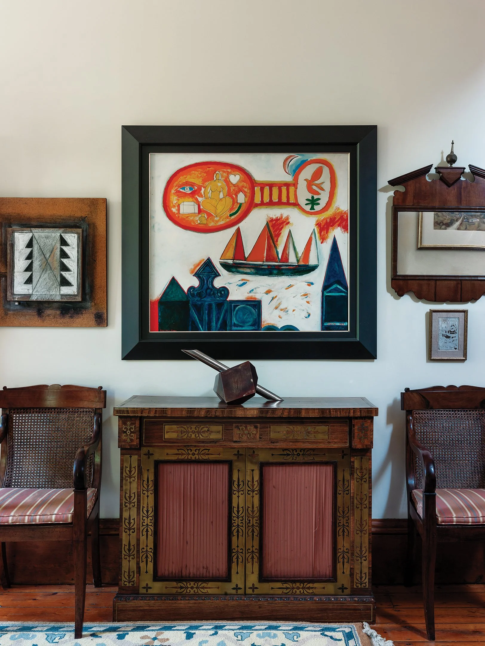 Installation view of artworks at Ōhinetahi. Photo by Jane Ussher MNZM. Lot 24. Pat Hanly, Fire This Time, 1984, enamel on board, 825 x 920mm. EST. $25,000—$35,000