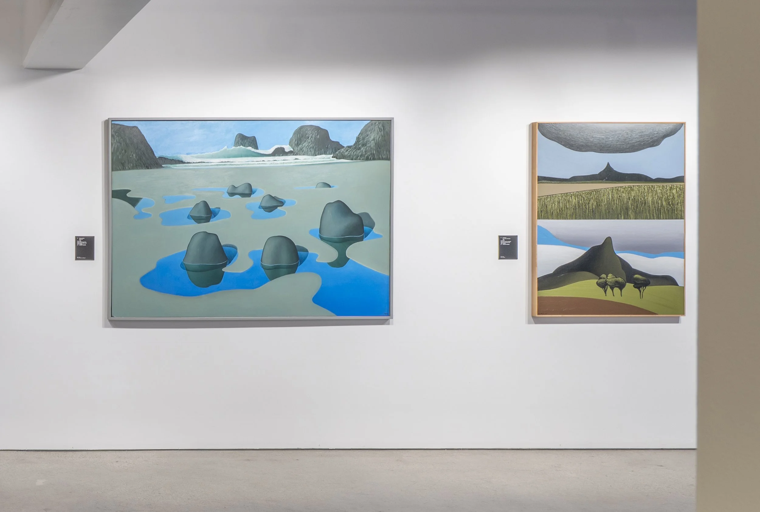 Left to Right. Lot 57. Michael Smither, Back Beach, 1976, oil on canvas, 1210 x 1730mm. EST. $180,000—$220,000Lot 54. Don Binney, Two Aspects of Tokatoka, 1980,oil on board, 1200 x 920mm. EST. $350,000—$500,000 , Webbs Wellington