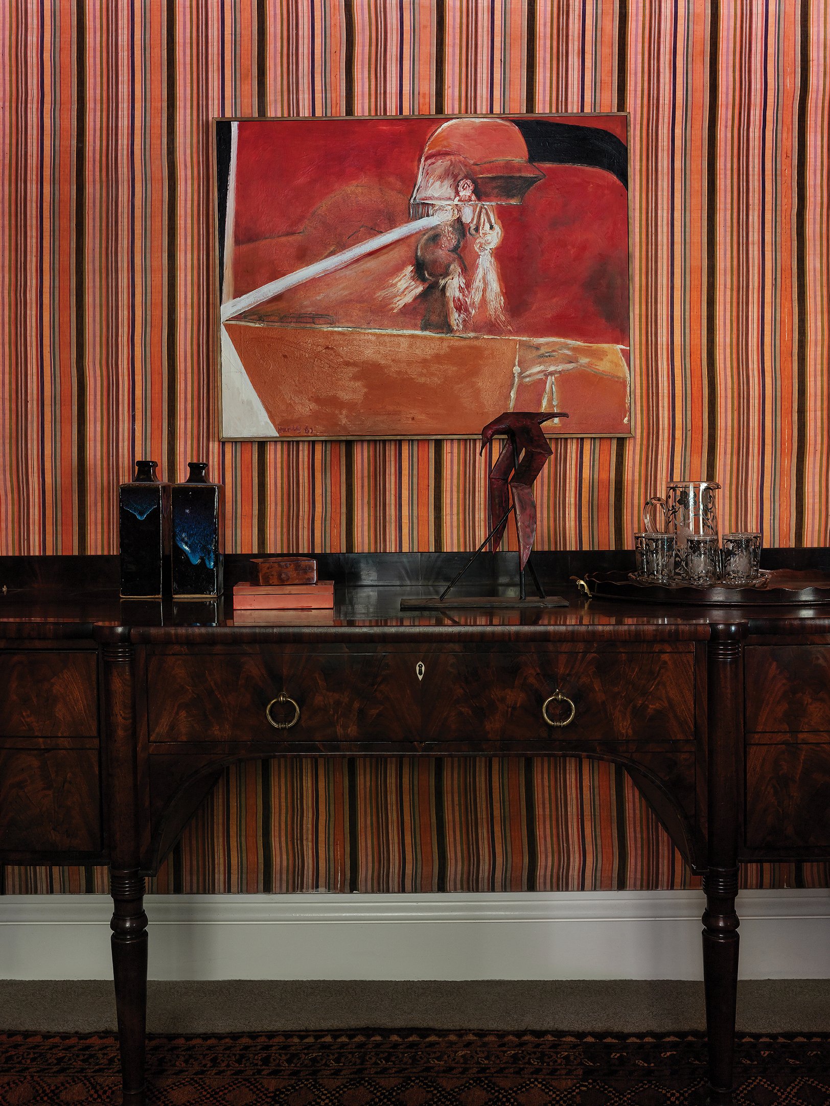 Installation view of artworks at Ōhinetahi. Photo by Jane Ussher MNZM. Lot 26. Pat Hanly, Protective Helmet , 1962, oil on canvas, 730 x 945mm. EST. $80,000—$100,000.