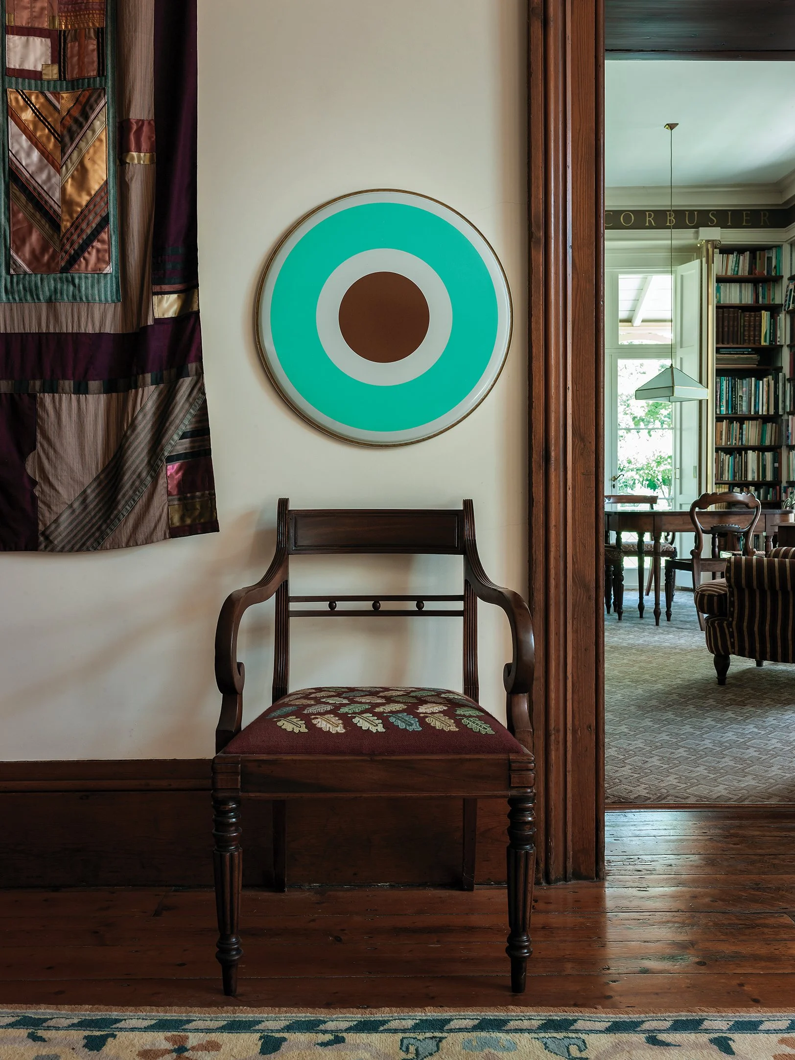 Installation view of artworks at Ōhinetahi. Photo by Jane Ussher MNZM. Lot 25. Julian Dashper, Untitled, 1998, vinyl on drumskin, 580mm diameter. EST. $18,000—$24,000
