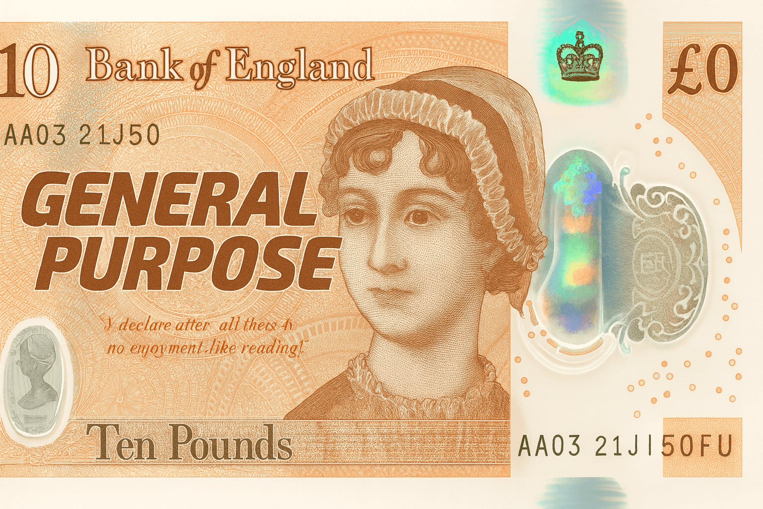 General Purpose logo rendered in British ten-pound note style with engraving and polymer texture created with ChatGPT