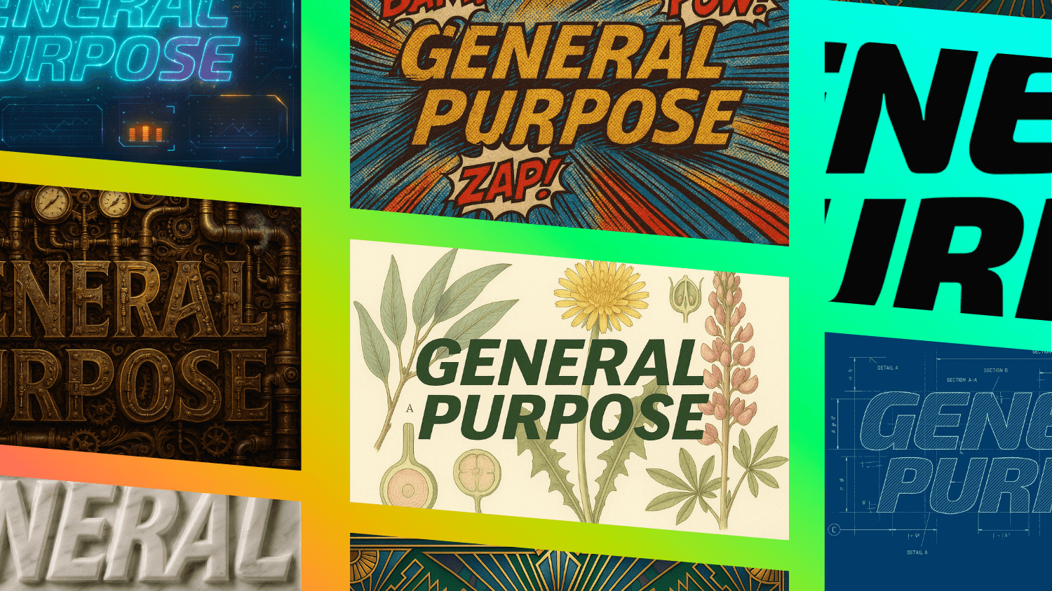 General Purpose logo in 8 different ChatGPT art styles: holographic, comic book, steampunk, botanical, marble, Art Deco, and blueprint