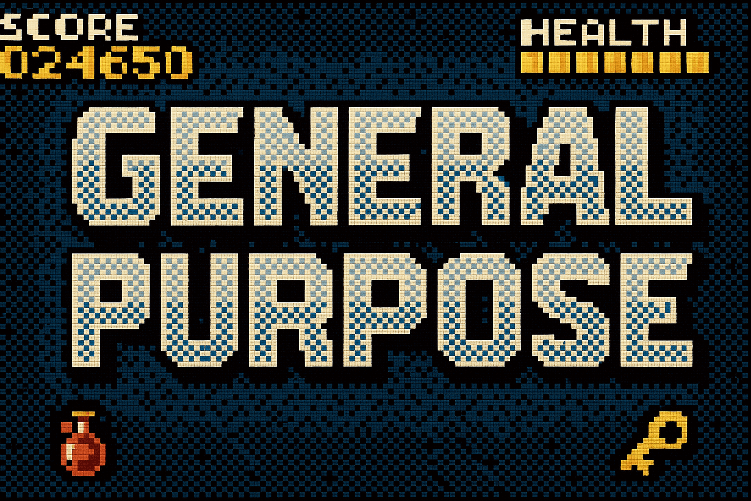 General Purpose logo recreated in retro 8-bit pixel art style reminiscent of 1980s video games using AI image generation