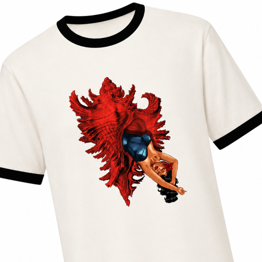 White T-shirt with black collar and sleeve cuffs featuring a colorful graphic of a woman with curly hair wearing a red dress and laying down.
