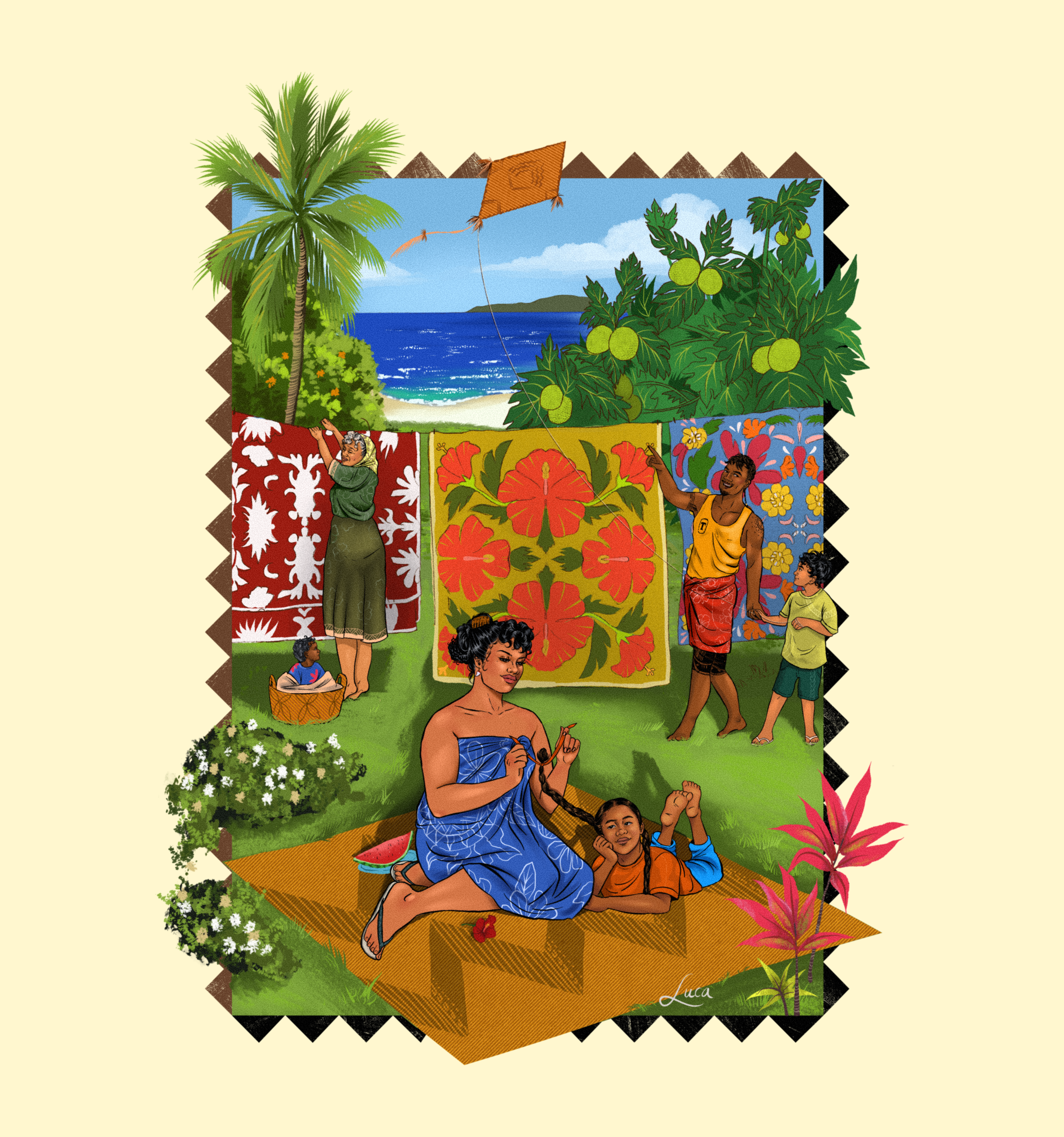 Illustration of people celebrating a cultural festival with colorful fabrics, flowers, and a tropical seaside landscape in the background.