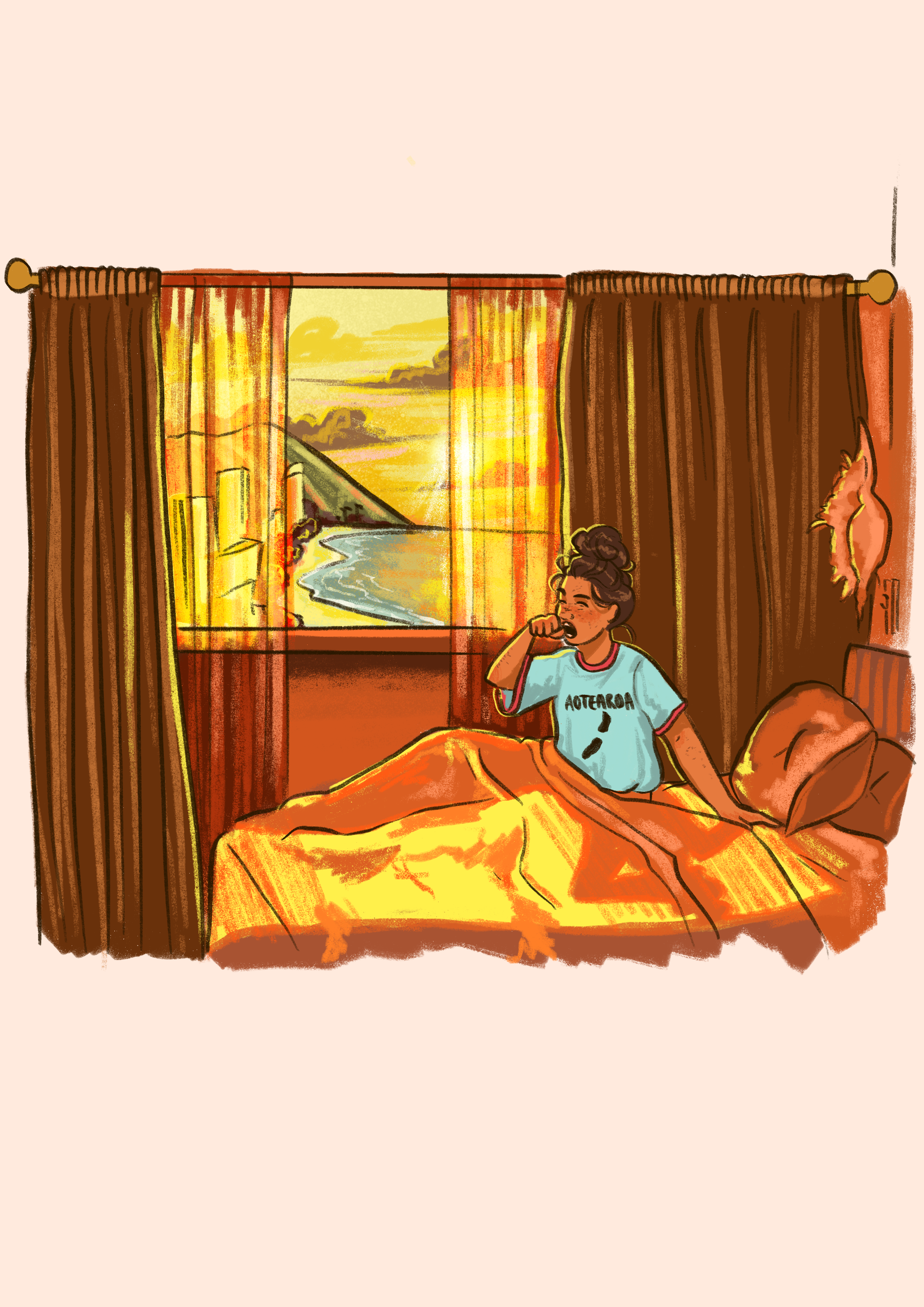 A person sitting on a bed, waking up in the morning, with a window showing a sunrise over a river and greenery outside.