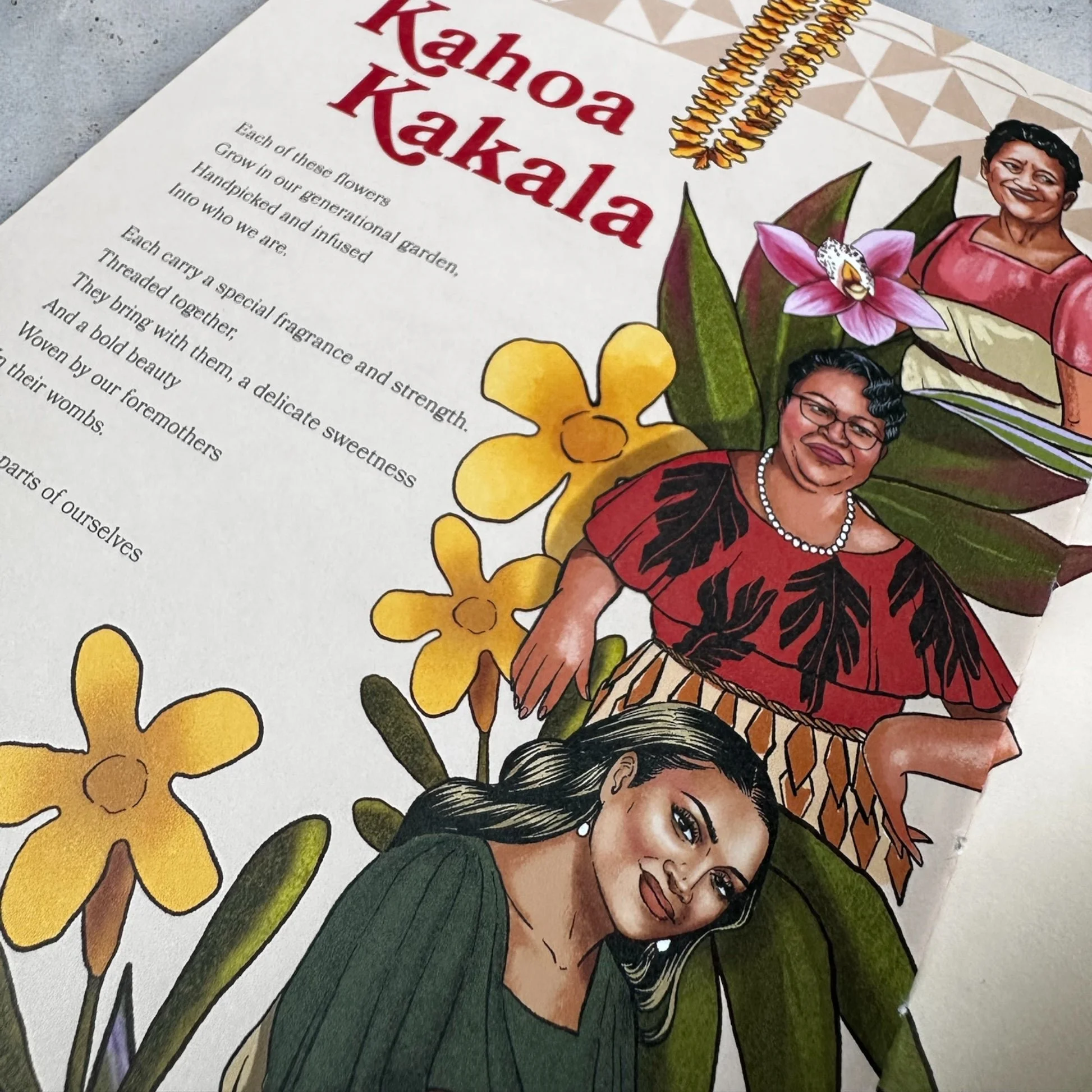 Close-up of decorated paper with text "Kahoa Kākala" and vibrant illustrations of women, flowers, and leaves.