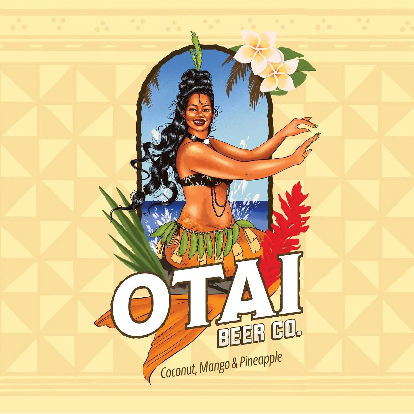 Illustration of a smiling woman with long black hair, wearing traditional Polynesian attire, standing inside a frame shaped like a fish. The background features palm trees, flowers, and ocean waves. The text reads 'OTAI BEER CO.' with a flavor descri