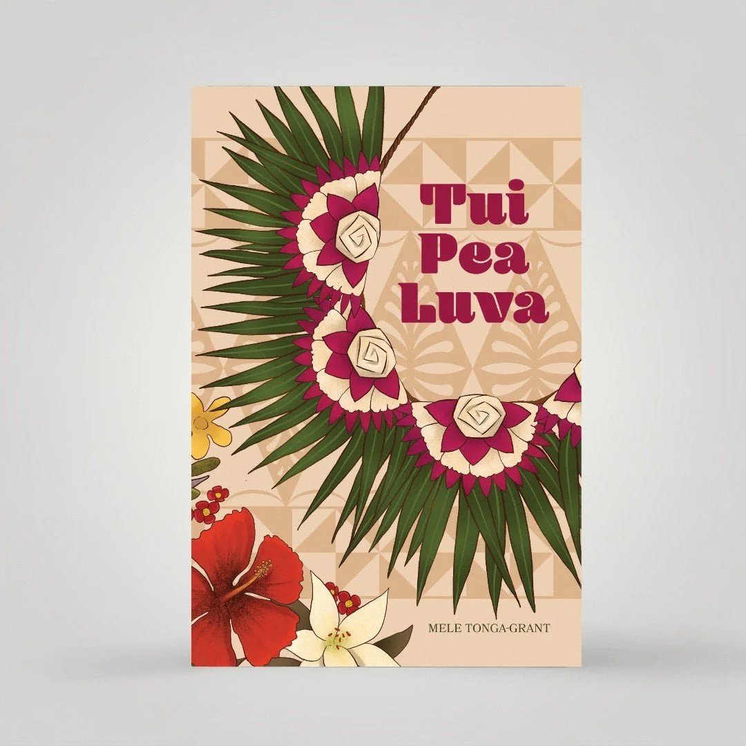 Book cover titled 'Tui Pua Luva' with tropical flowers and leaves, by Mele Tonga-Grant.