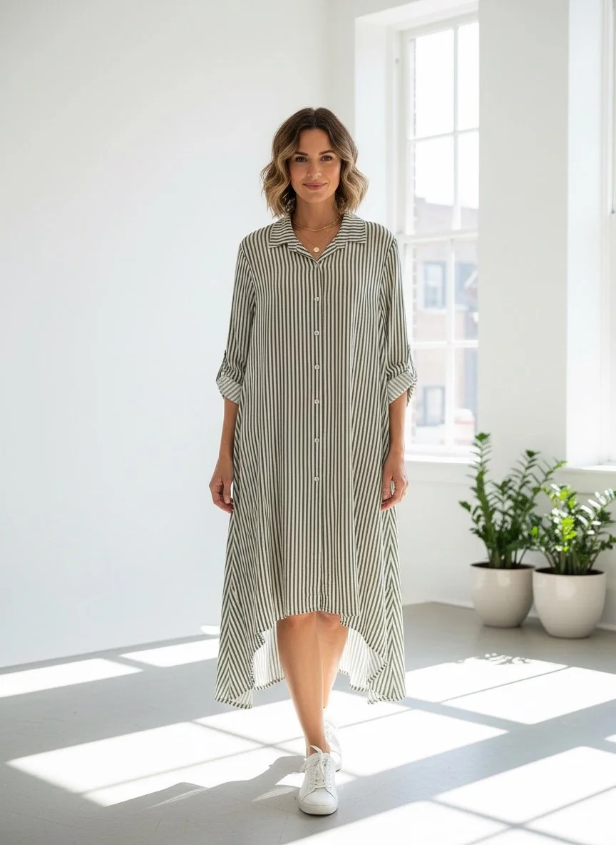 Linen Stripe Khaki Shirt Dress