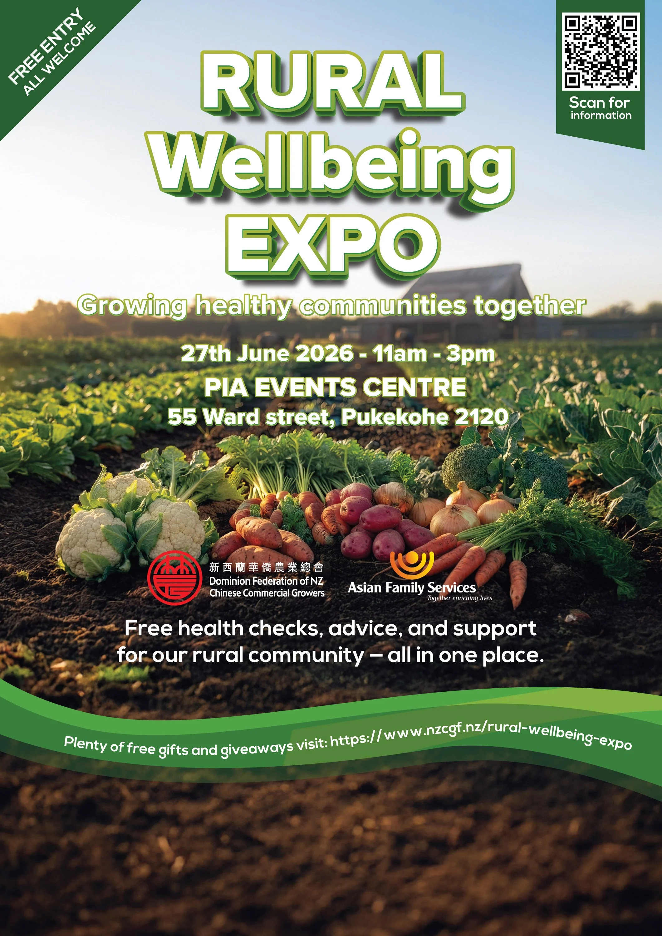 Rural Wellbeing Expo 2026 at Pukekohe Indian Association Centre, New Zealand – free health and wellbeing event for rural communities, growers, families, and farm workers. Includes free health checks, counselling, social support services, and multilin