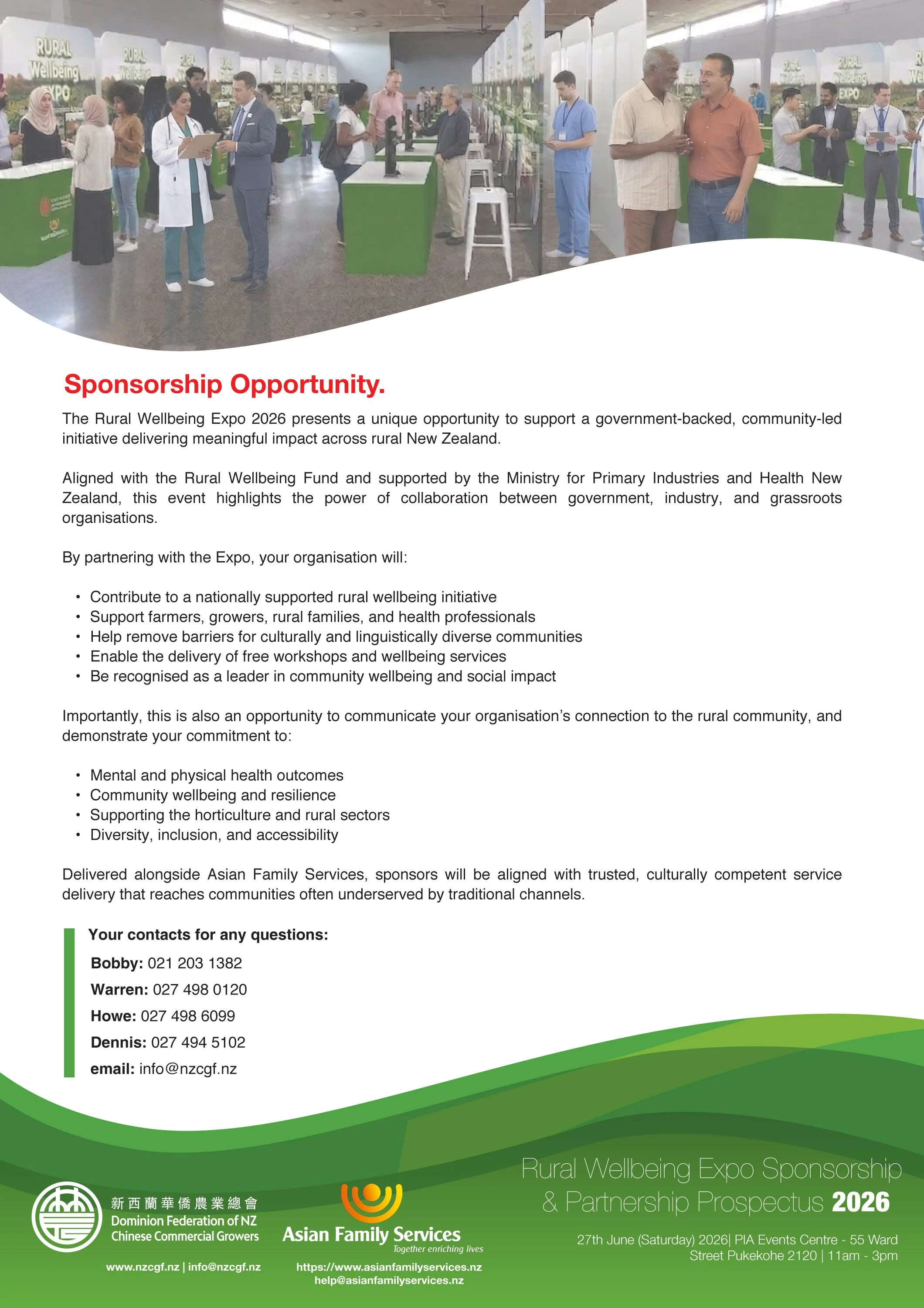 Health and wellbeing Expo for rural New Zealanders – Rural Wellbeing Expo 2026 in Pukekohe, offering free medical checks, counselling, mental health support, and access to social services for growers, farm workers, and families. Event includes multil
