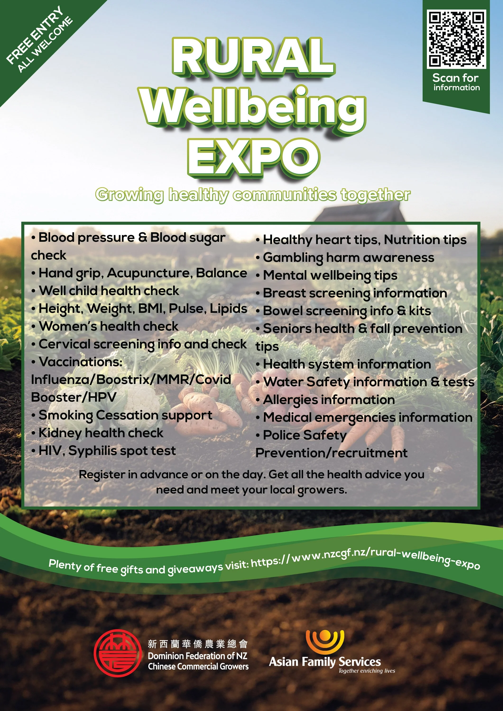 Community-focused Rural Wellbeing Expo 2026 in Pukekohe, NZ – supporting the physical and mental health of growers, farm workers, and rural families. Features exhibition tables, health screenings, counselling, and culturally inclusive services in mul