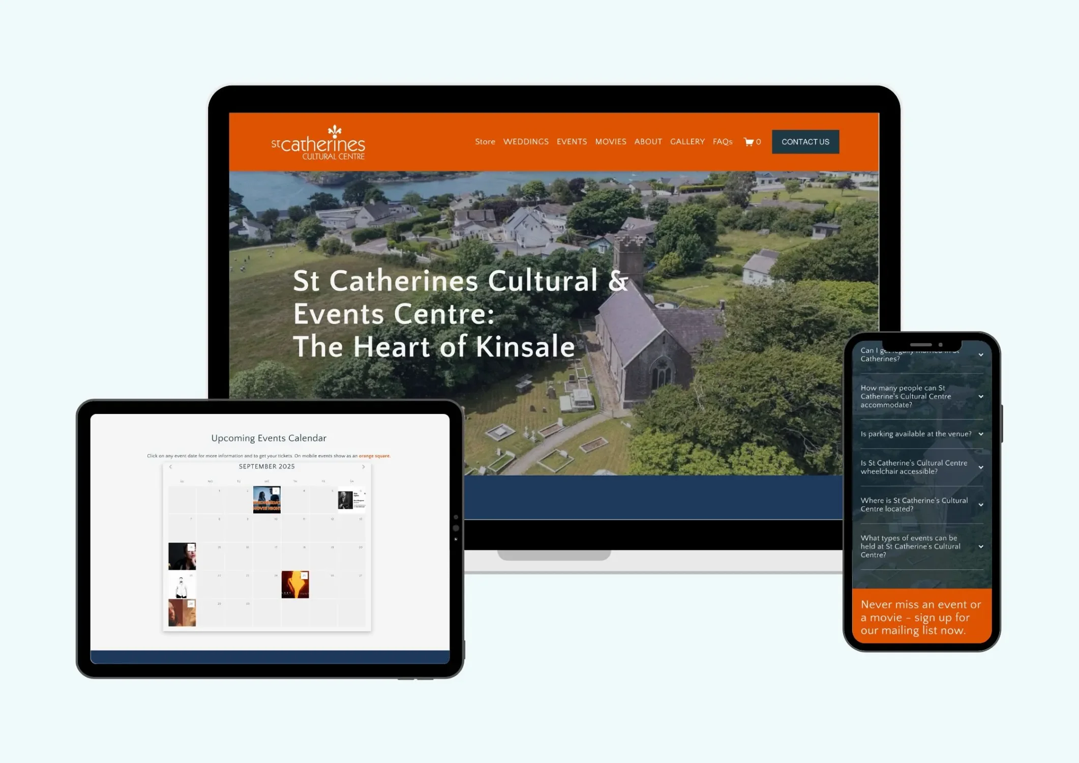 St. Catherines Cultural Centre website mock-up with a view of the town and surrounding water, featuring: weddings, events, movies, about, gallery, FAQs, and contact information, displayed on multiple devices by js web design kinsale.