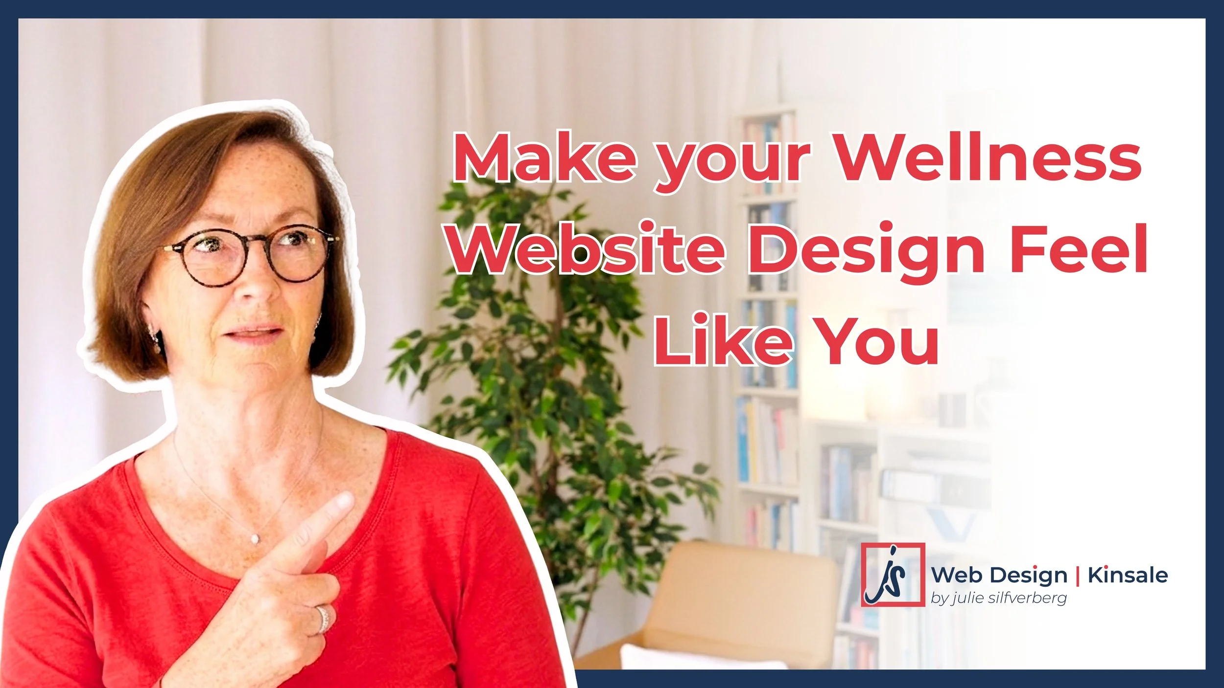 Julie in a red scoop neck t-shirt in her office pointing at text saying "Make your website designfeel like you"