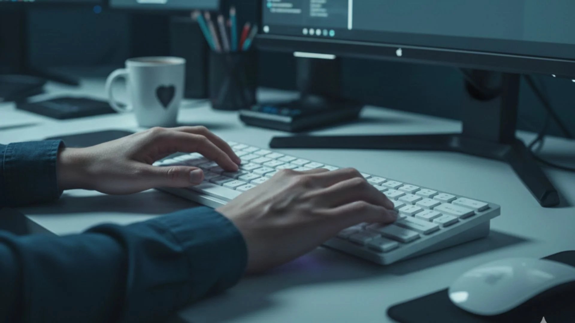 Person typing on a white computer keyboard at a desk with a monitor, coffee mug, and office supplies in the background.