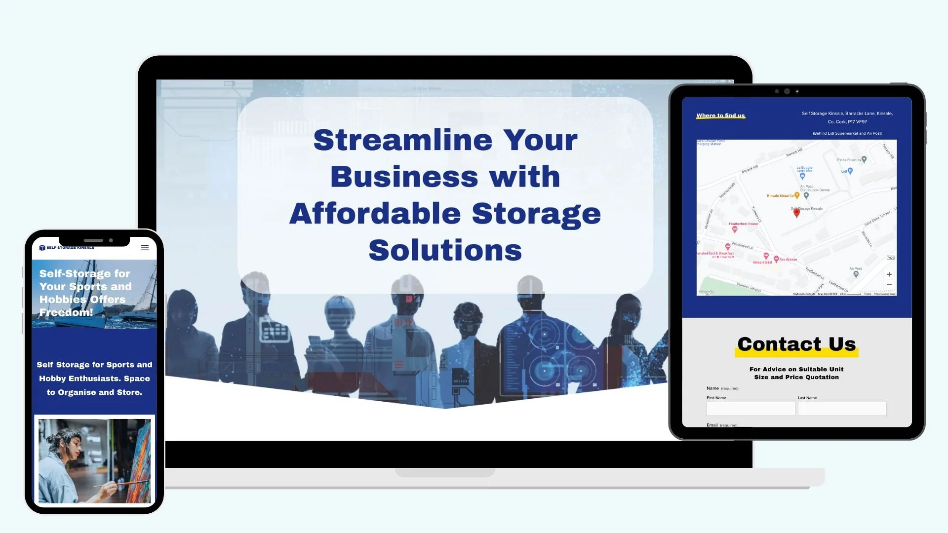Multiple electronic devices displaying a website providing storage solutions: a smartphone, a laptop with a heading saying 'Streamline Your Business with Affordable Storage Solutions,' and a tablet with a map and contact form.