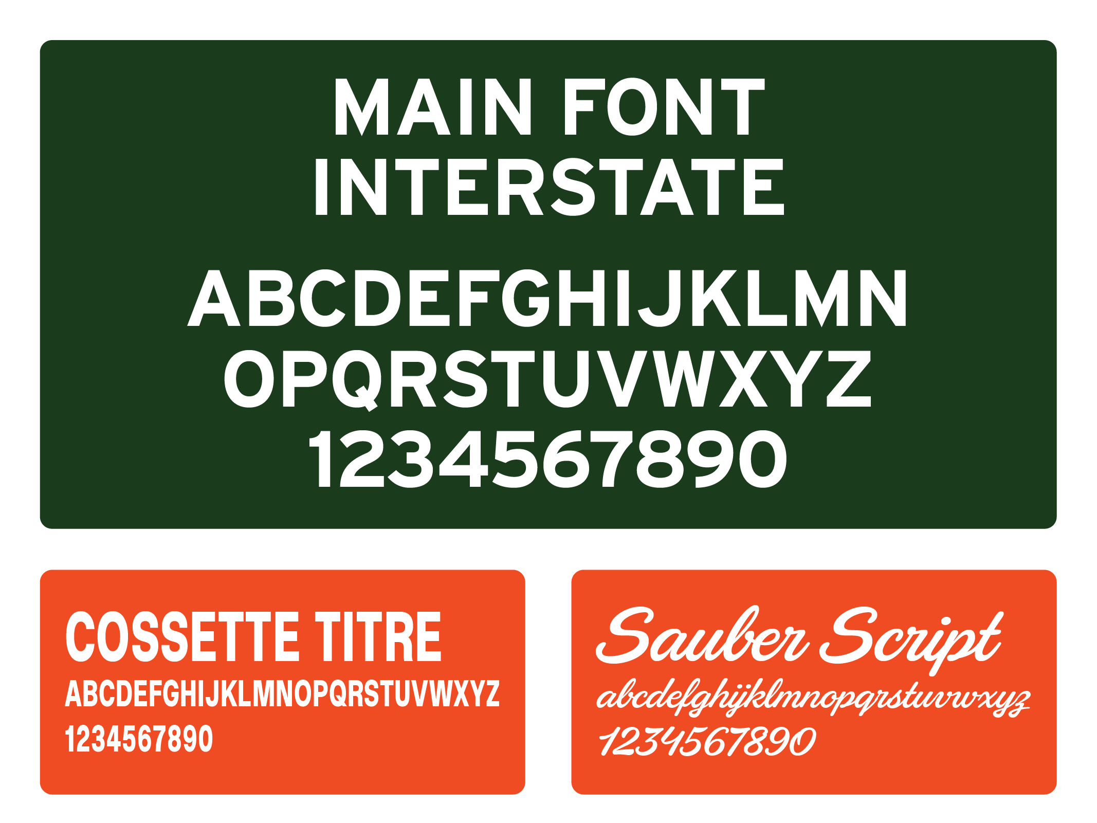 Close-up of two signage templates showcasing different fonts, colors, and styles for text design and typography, including main font options in green, and alternate serif fonts in orange and red.