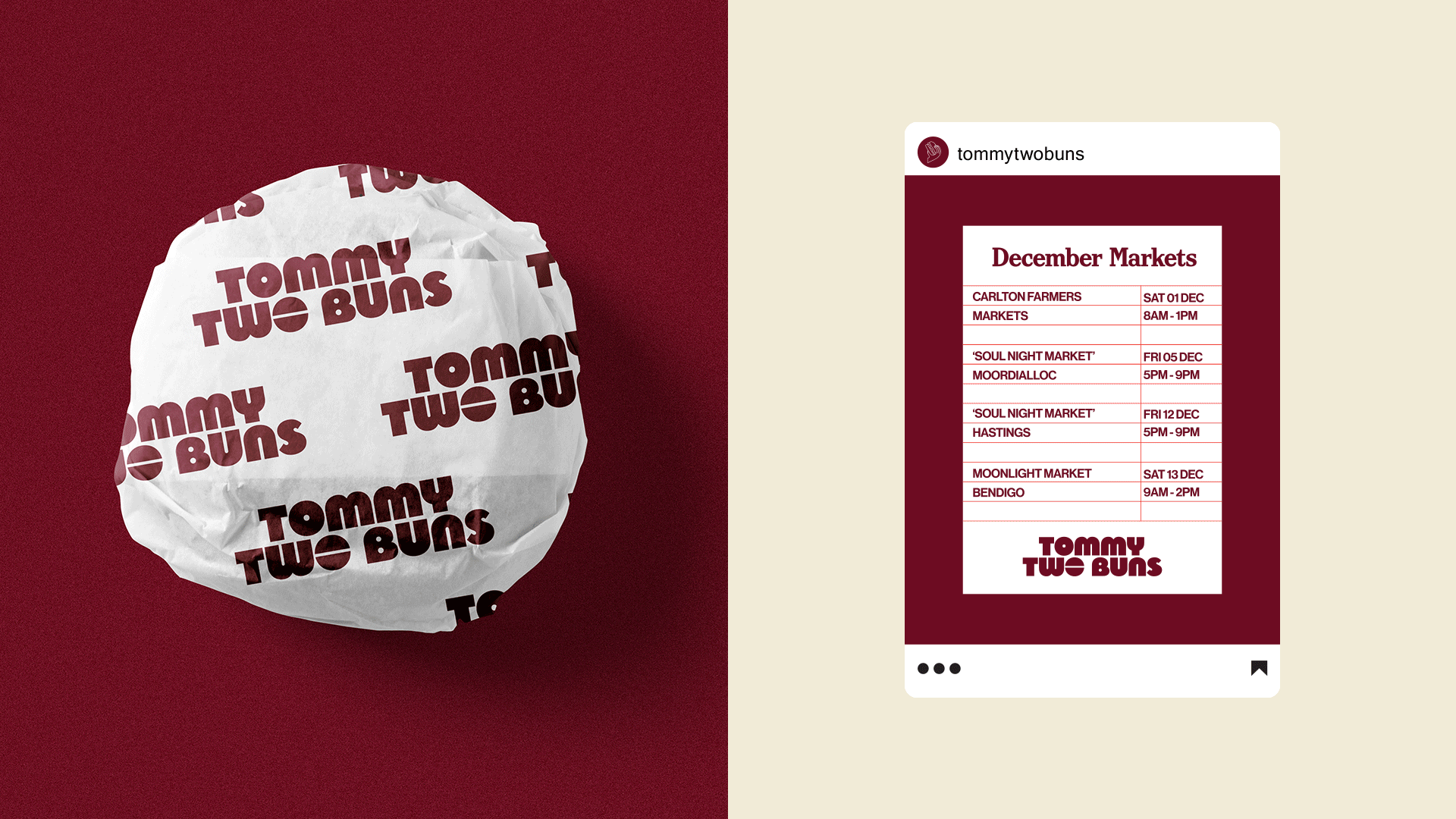 A crumpled white paper wrapper with the logo 'Tommy Two Buns' in maroon text, placed next to a digital appointment schedule for December markets, displaying dates and times for various markets.