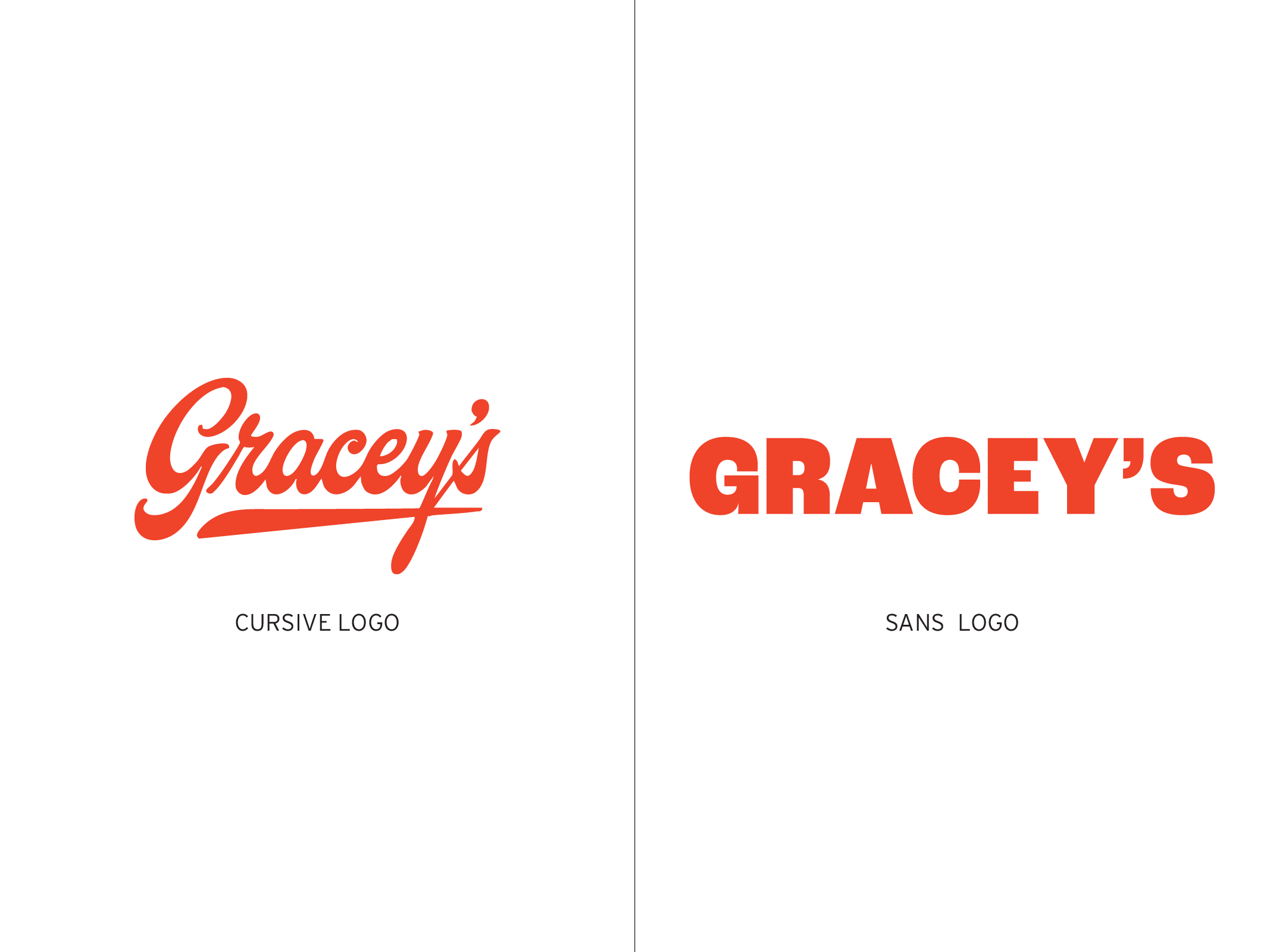 Comparison of two logos, one in cursive reading 'Graceys' in red, and the other in sans-serif reading 'GRACEY'S' in bold red.