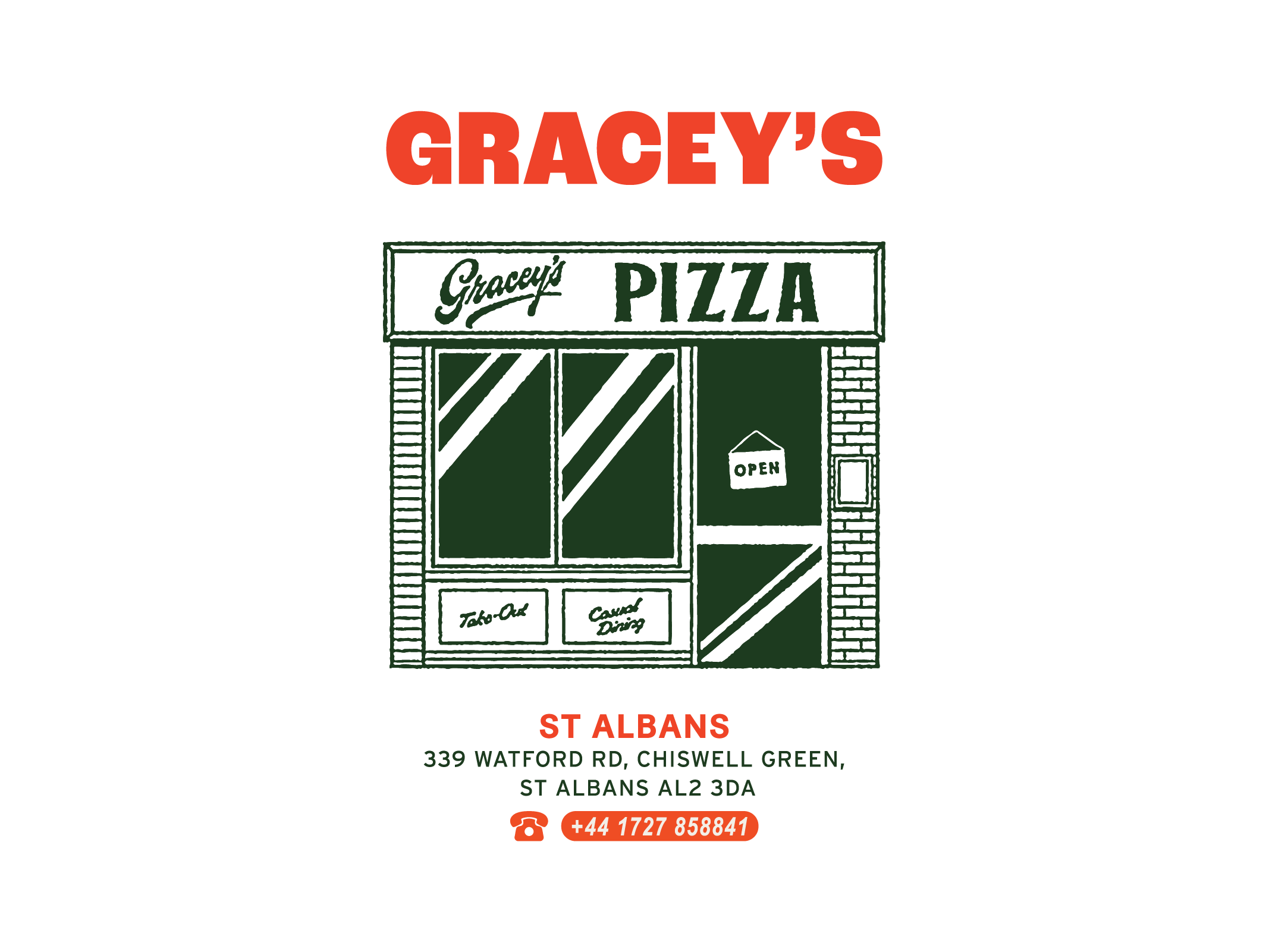 Sign for Gracey's Pizzeria with storefront illustration, address 339 Watford Rd, Chiswell Green, St Albans, phone number +44 1727 858841, and an open sign.