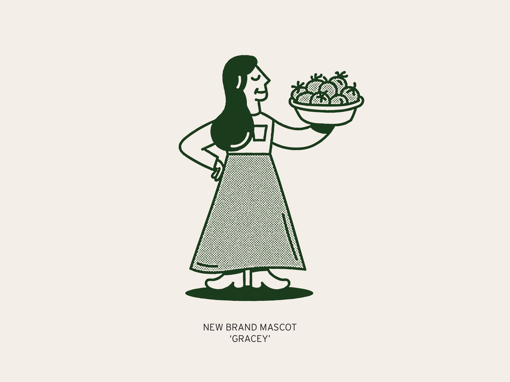 Line drawing of a woman holding a bowl of strawberries, wearing a dress and standing on a shadow, with text indicating a new mascot named "Gracey."