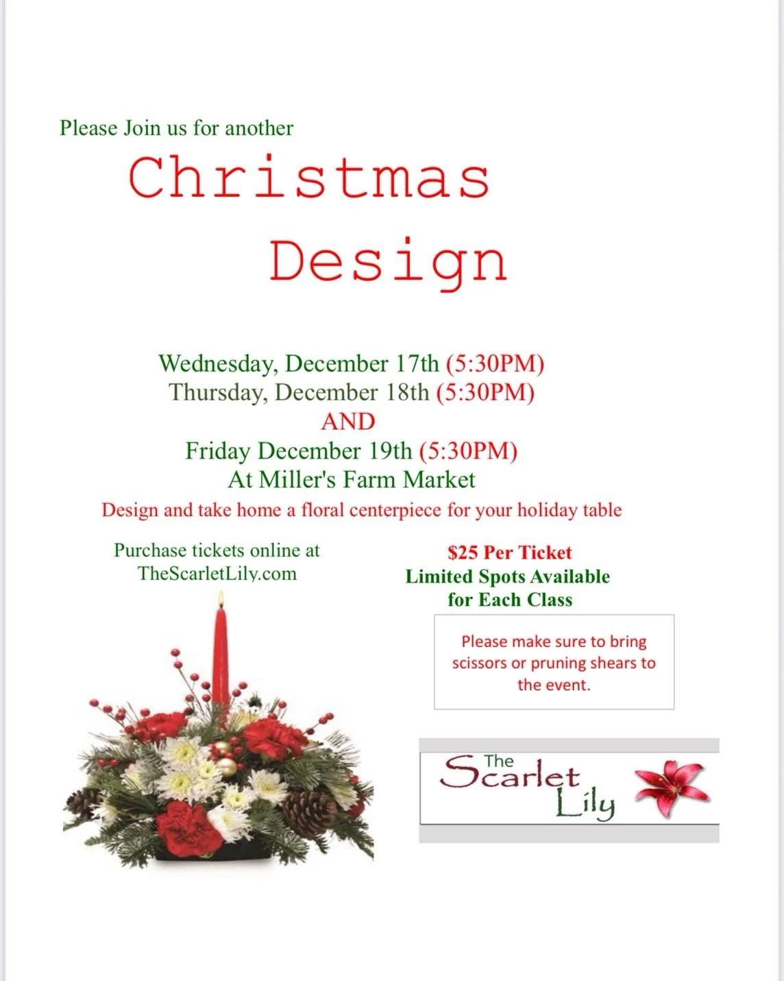 Christmas is 9 days away! If you need a centerpiece for your Christmas table, or to gift to a friend, we have you covered! Come make a centerpiece on Thursday 12/18, order a kit to make at home, or purchase a premade centerpiece! Cost is only $25 and