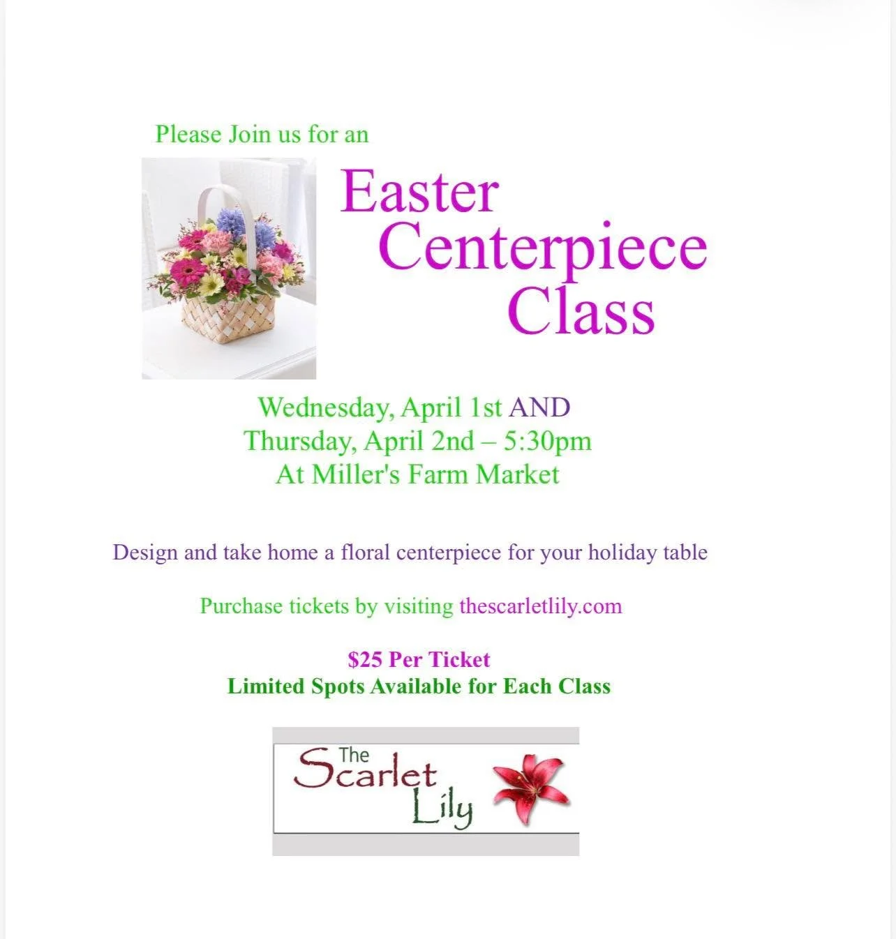 Join us in making a bright spring floral centerpiece for your Easter dinner or celebration. Bring a friend for an easy craft night working with fresh flowers to bring a little beauty into your home. No experience necessary. 

Purchase tickets for the