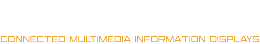 Logo with the text 'HELios' in large white letters, and the tagline 'Connected Multimedia Information Displays' in smaller gold letters below.
