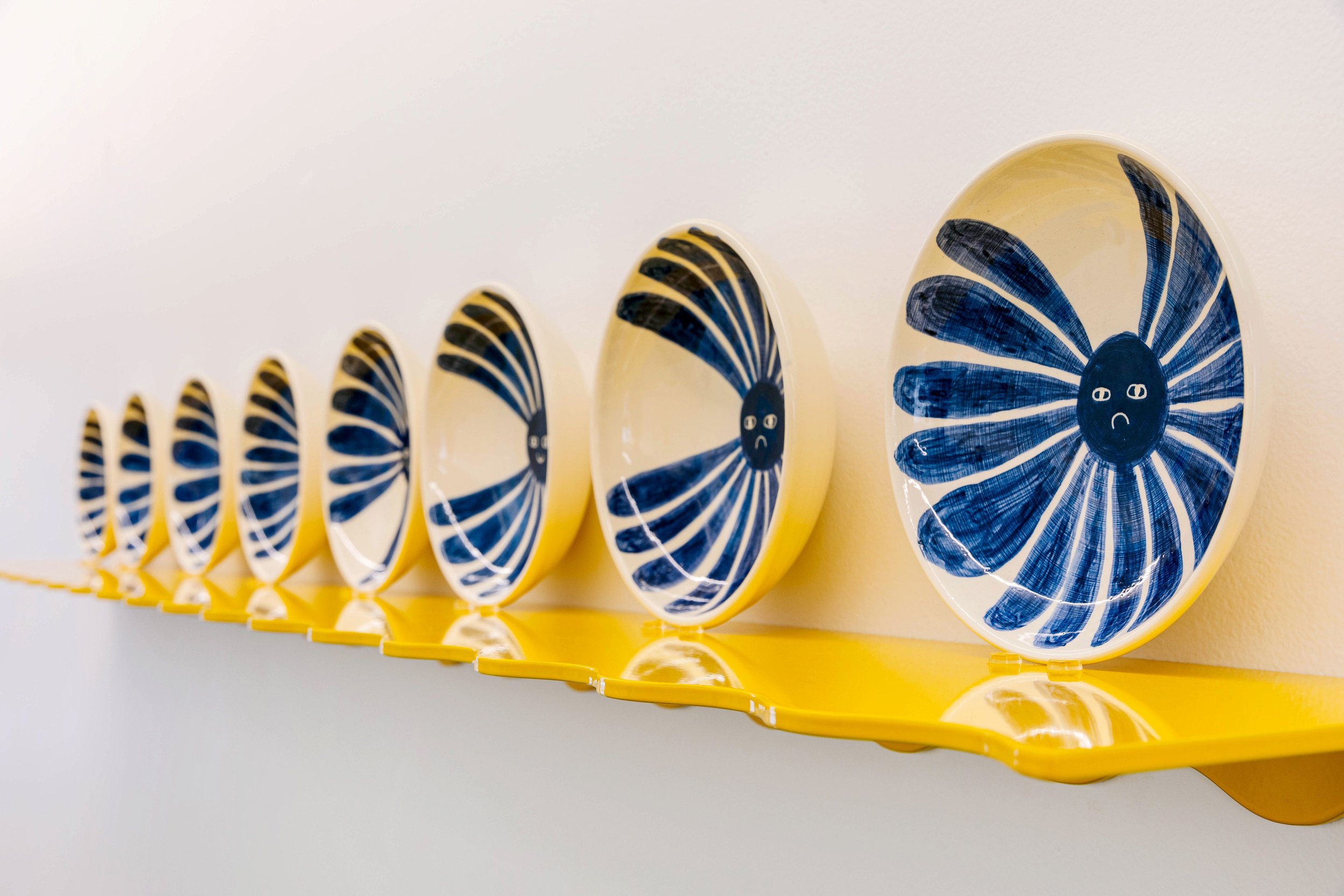 April Phillips, Out Of This World, 2023, installation view, (detail), ceramic forms produced by Mudworks, shelf fabricated by Bootleg studio, Lamington Drive, Collingwood, Photo credit: On Jackson Street.