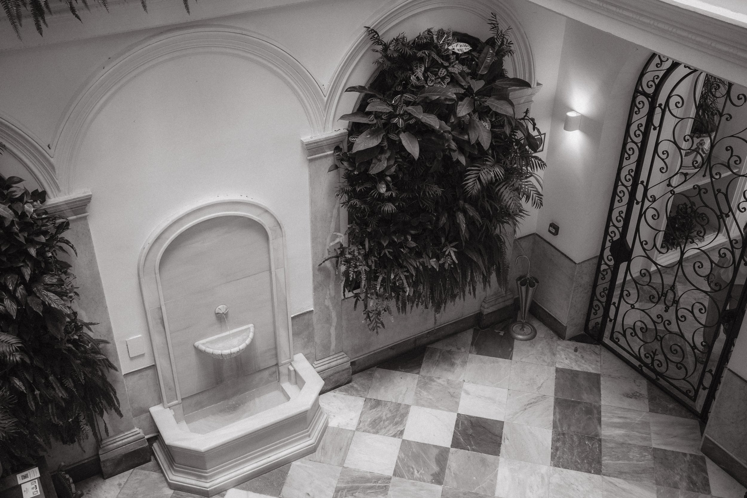Vista desde arriba de un vestíbulo con paredes blancas, plantas grandes decorativas, un par de faroles en la pared, una fuente decorativa y un portón de metal con diseño ornamental.
