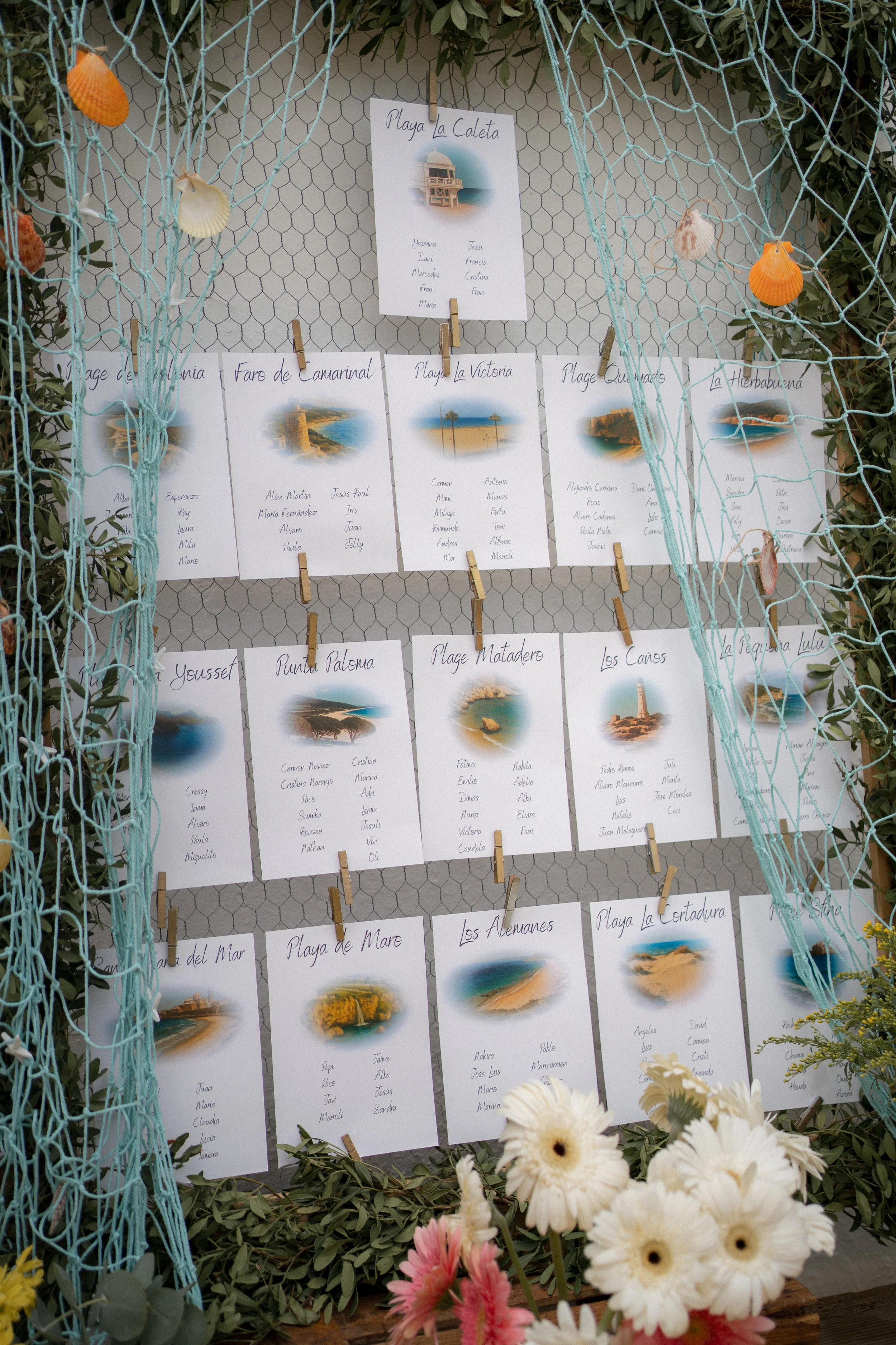 Carteles con nombres de playas y lugares turísticos en una pared decorada con malla marino y decoraciones de conchas y flores.