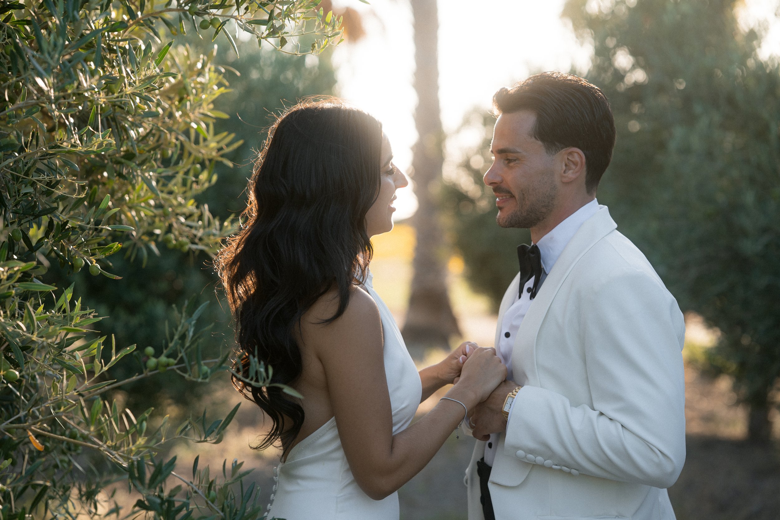 Pareja vestida de novia y novio en un ambiente al aire libre, mirando y sosteniéndose de las manos, con fondo de árboles y luz de atardecer.