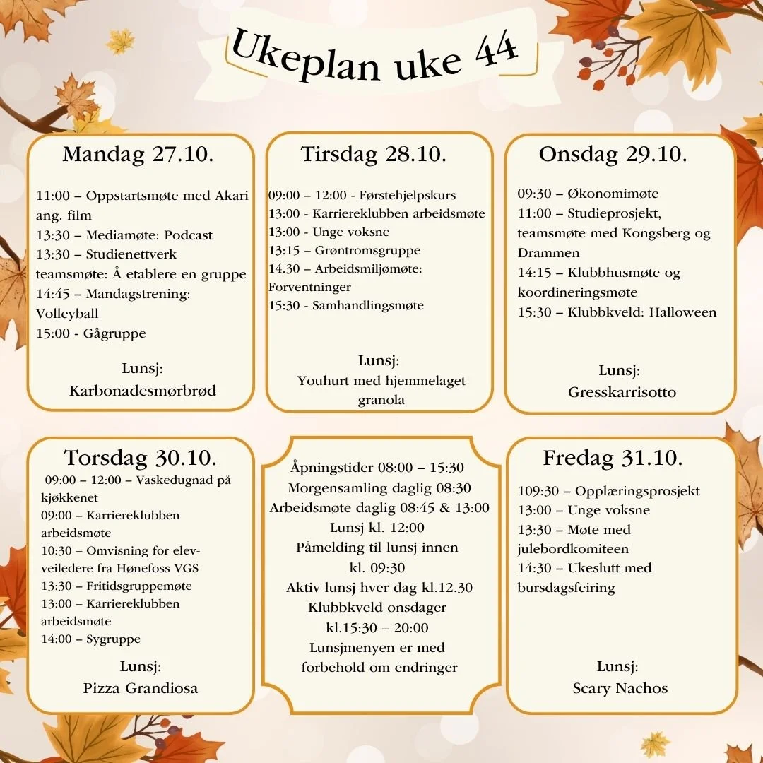 Velkommen til ny uke p&aring; Fontenehuset. Onsdag blir det Halloween-tema p&aring; klubbkveld 👻🎃