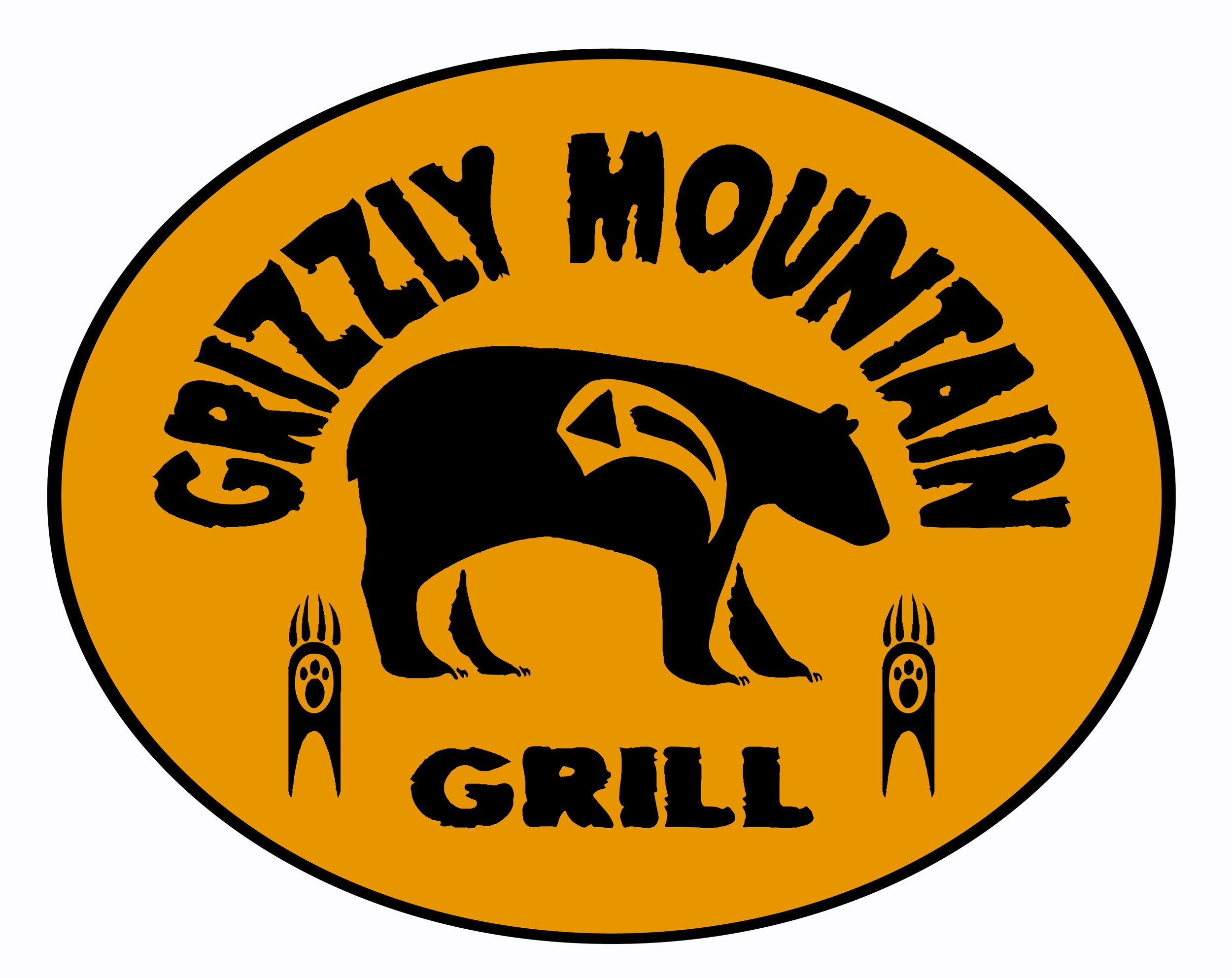 Logo of Grizzly Mountain Grill featuring a silhouette of a bear with stylized text and bear claw symbols on a brown circular background.