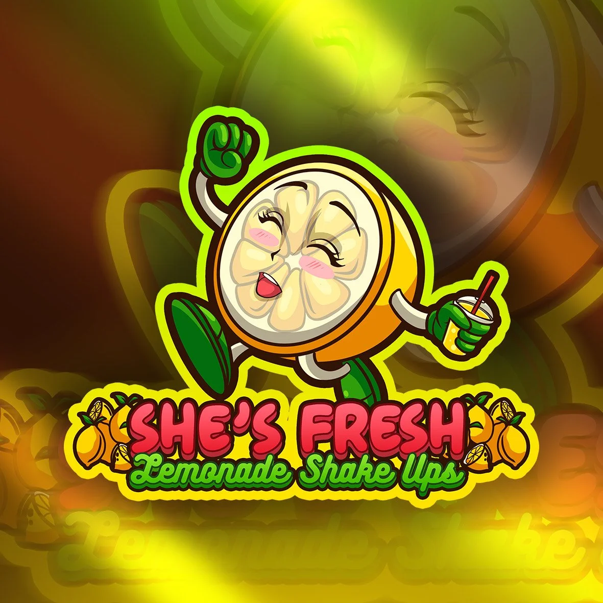 Cartoon lemon character holding a drink with text saying 'She's Fresh Lemonade Shake Ups' on a colorful background.