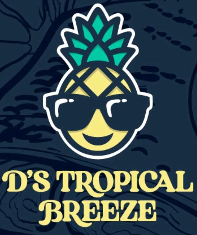 Logo graphic of a pineapple with sunglasses above the text 'D's Tropical Breeze'. The design features vibrant colors against a dark background.